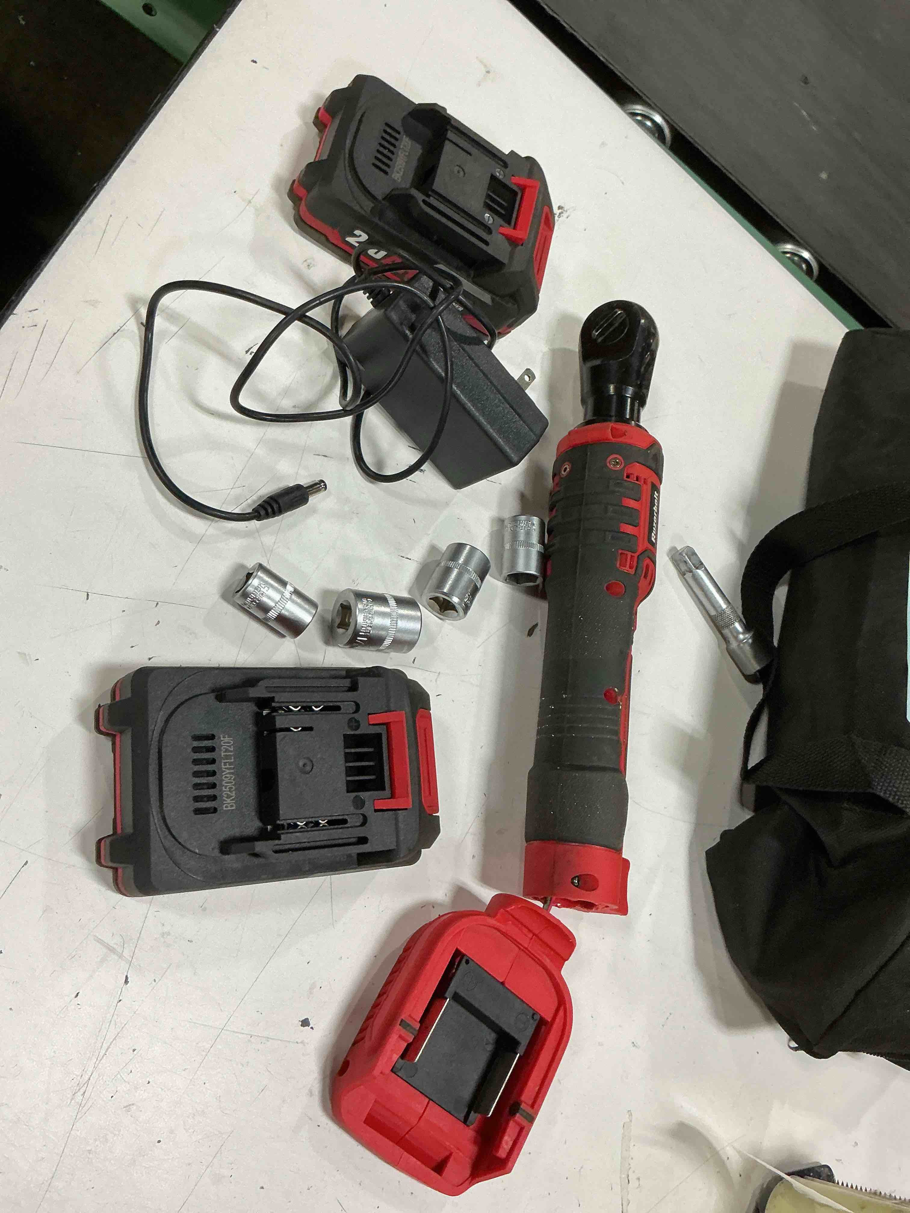 Condition photo showing As Is for 21v cordless ratchet wrench 3/8" set – 88 ft-lbs brushless electric power ratchet with 2x 2.0ah batteries, 500 rpm, & led light (includes 5 sockets, 1/2" adapter, 3" extension)