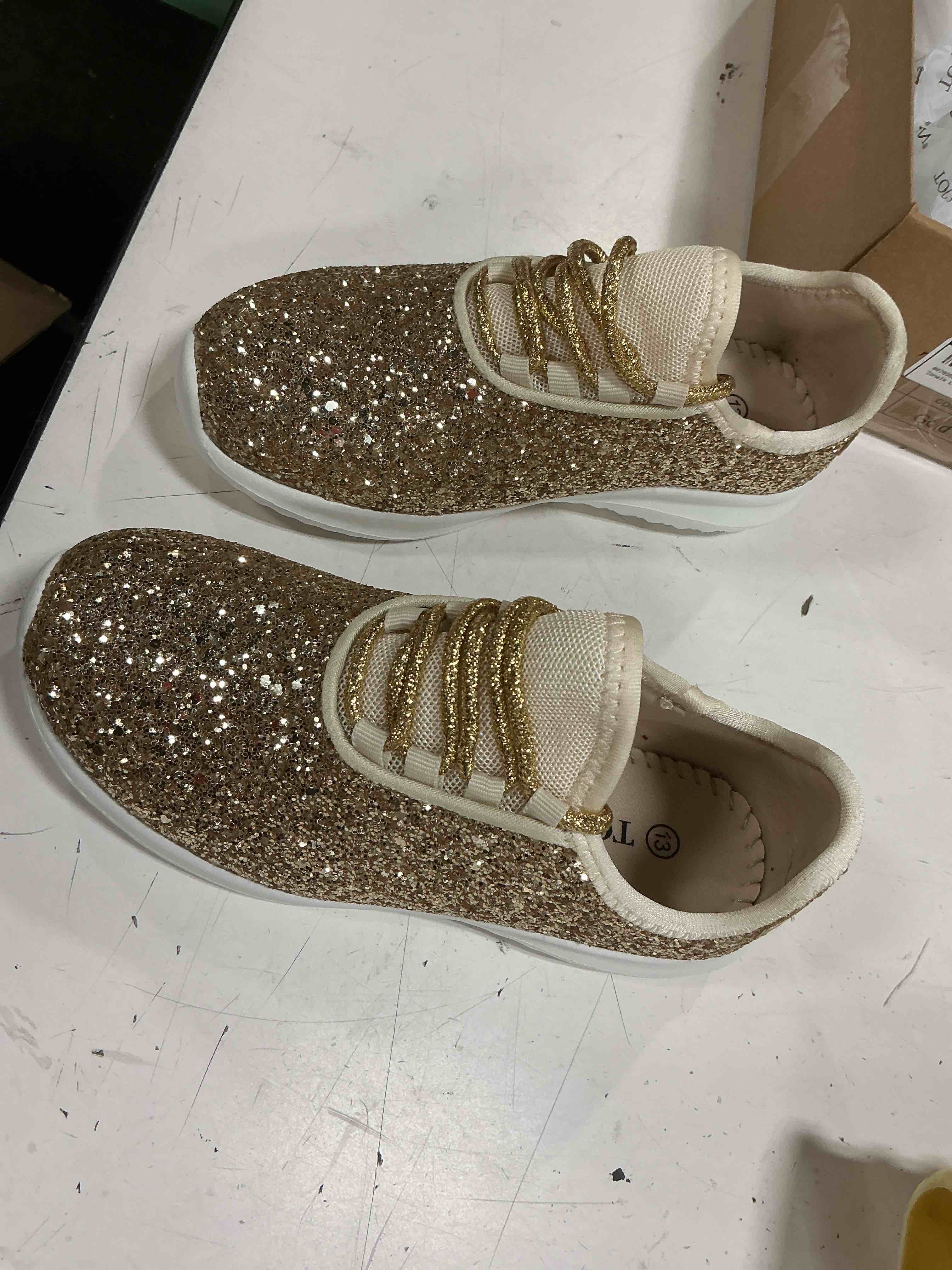 Condition photo showing New/Like New for zone1k little girl big girl glitter sparkle comfort light weight slip on flat sneaker shoes ( gold, 13).
