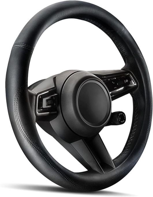 hotor car steering wheel cover - universal car accessory for diverse cars, leather cover with anti-slip lining, for steering wheel with a diameter of 15.5"-16", black