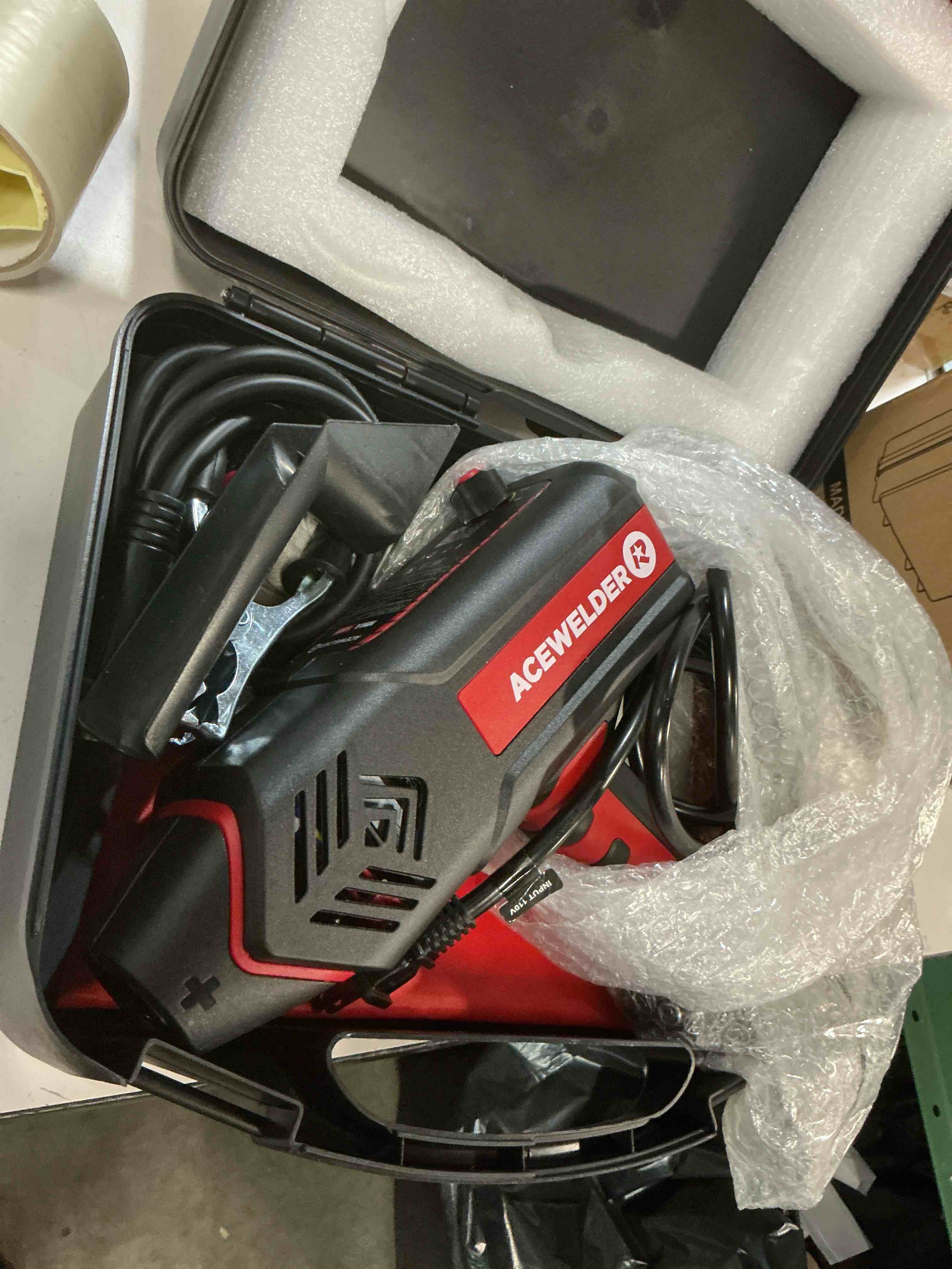 Condition photo showing New/Like New for handheld welder 110v, welding machine 120a portable stick welder, hand held welder machine igbt inverter digital display with welding tool set and toolbox