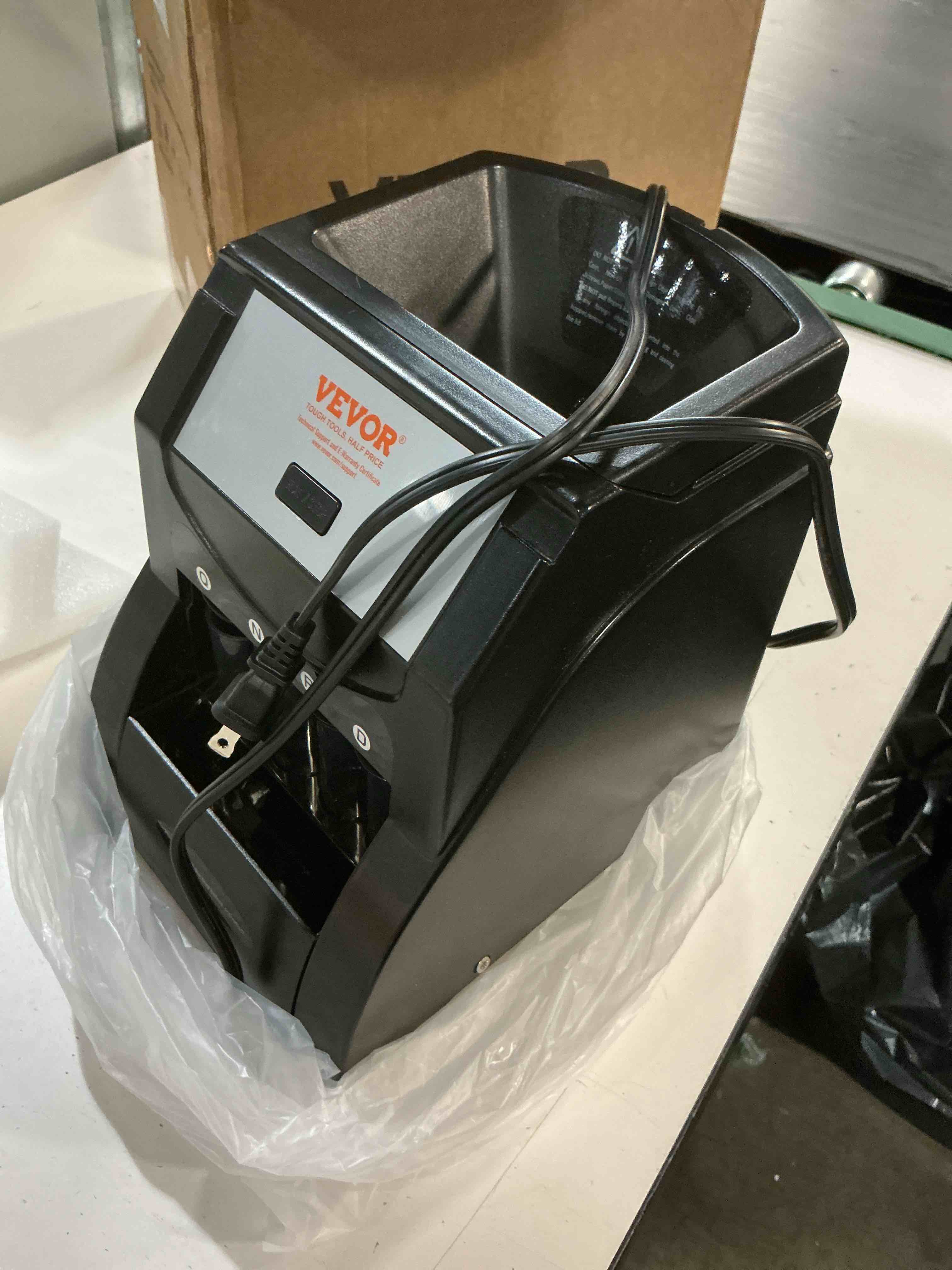 Condition photo showing As Is for vevor coin sorter, coin sorter and wrapper machine with 4 larger coin tubes, sorts usd coin 1? 5? 10? 25, up to 230 coins/min, black