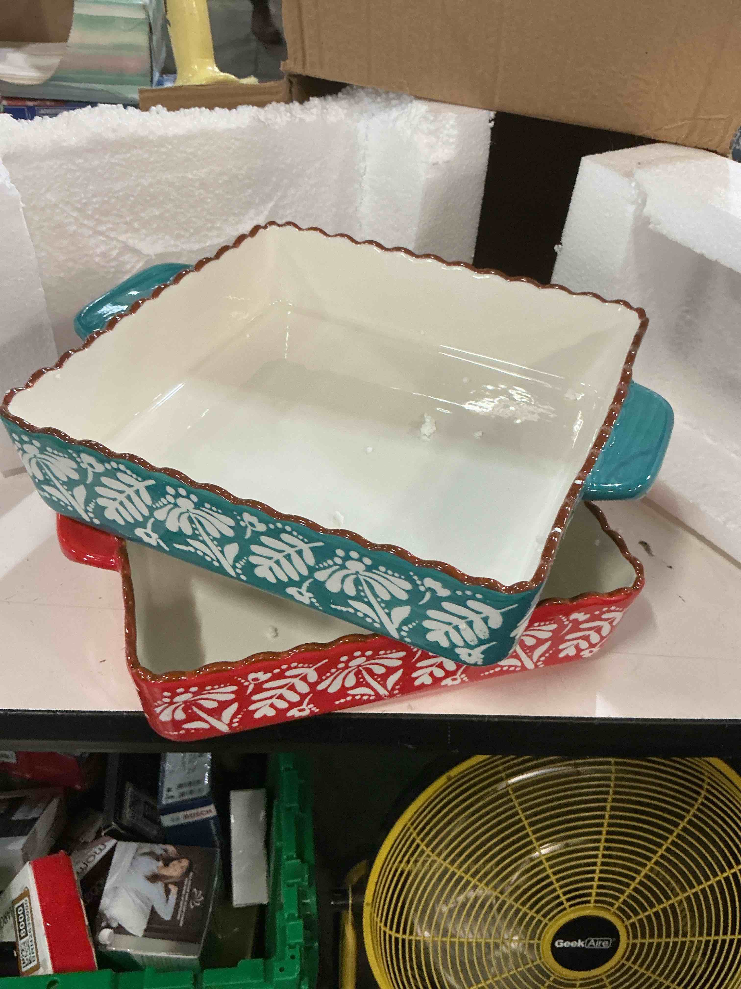 Condition photo showing New/Like New for 2 pack ceramic baking dish, 9 x 9 inch porcelain square bakeware with double handle, lasagna pan bakeware baking cookware for cooking, cakes, roasting family dinner