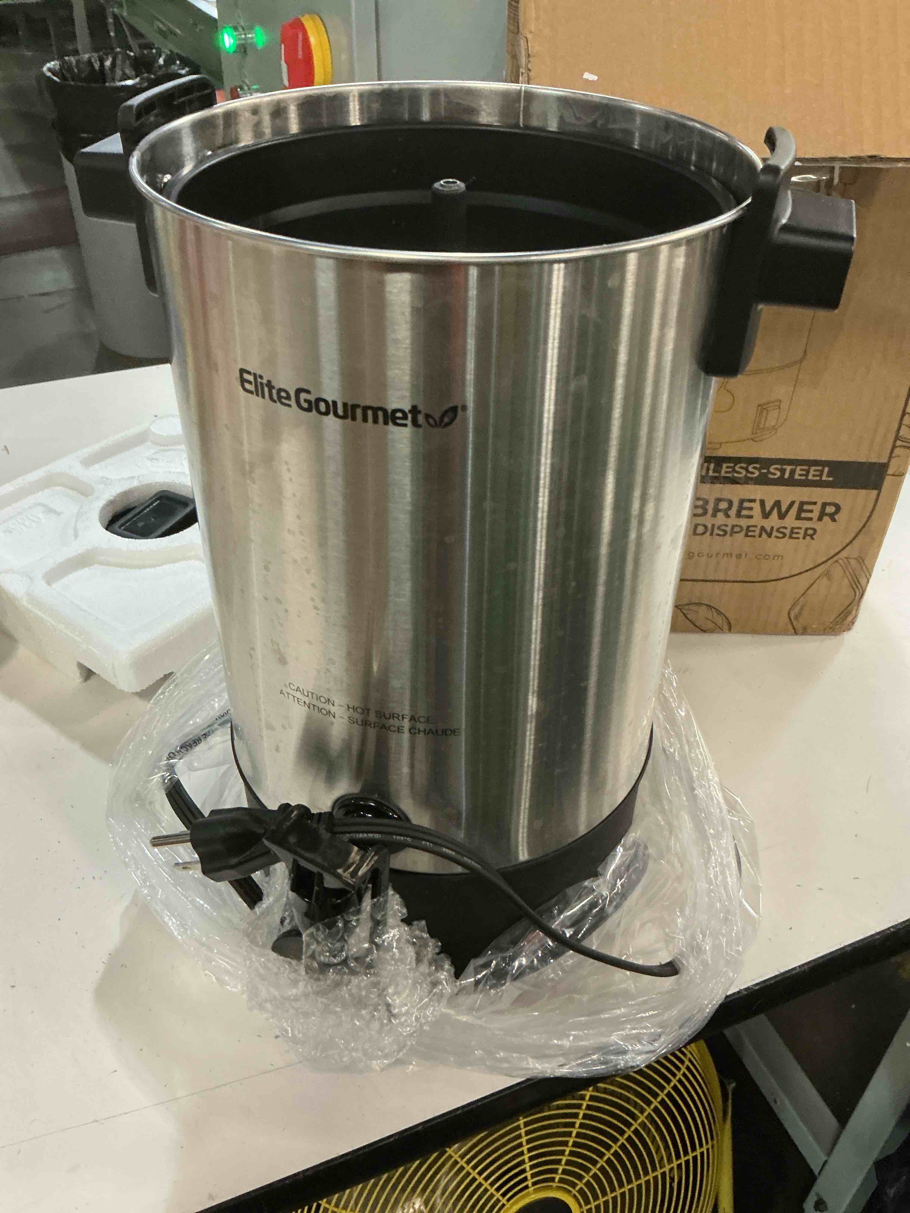 Condition photo showing As Is for elite gourmet ccm-035 maxi-matic 30 cup stainless steel coffee urn removable filter for easy cleanup, two way dispenser with cool-touch handles electric coffee maker urn, stainless steel 30 cups