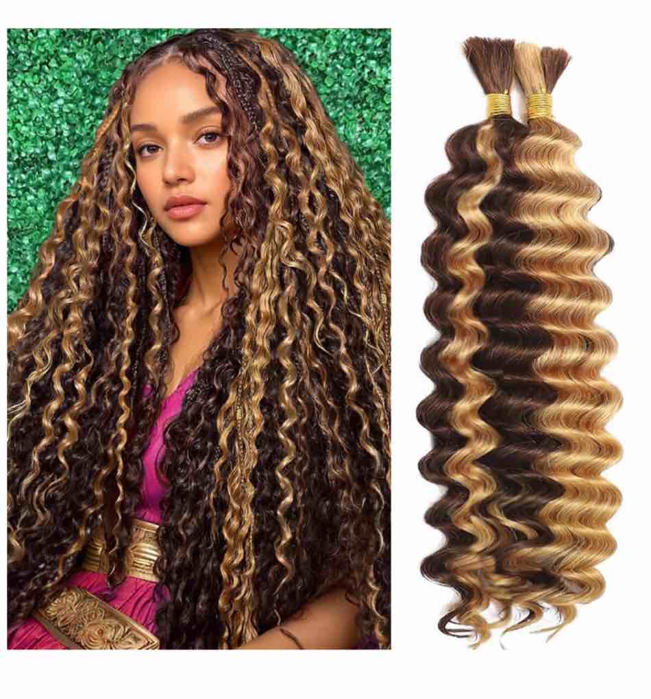 human braiding hair for boho braids 12a deep water wave bulk human hair knotless boho human hair for braiding no weft extensions curly bundles 2 bundles/pack 27/613 160g 24 inch ombre 27-613 color 24 inch