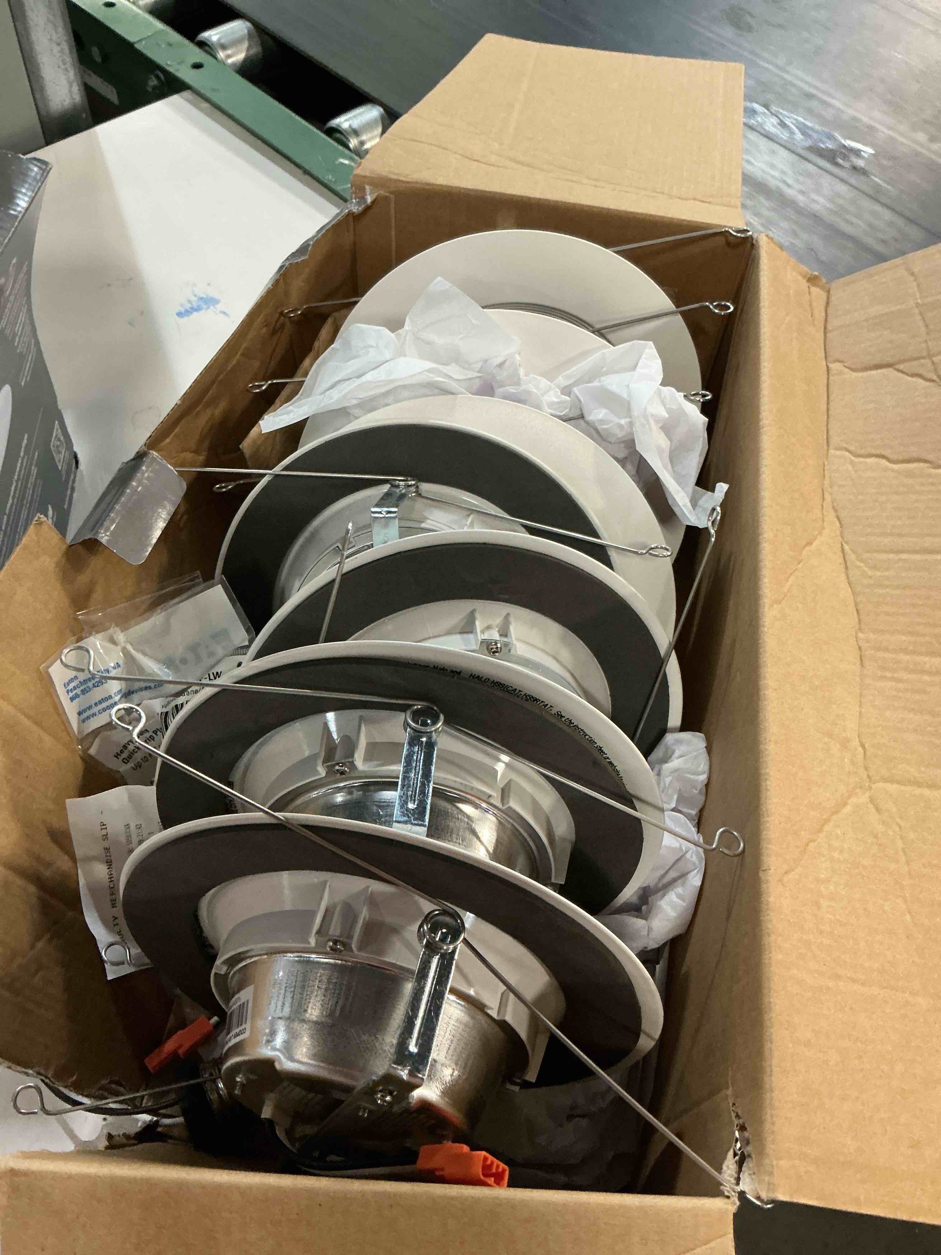 Condition photo showing As Is for halo 5 inch / 6 inch led recessed light trim with 5 color temperatures, dimmable baffle can lights for ceiling, 6-pack. 750 lumens lt56079fs1ewhr6pk 6pk - standard 5 cct recessed led light fixture