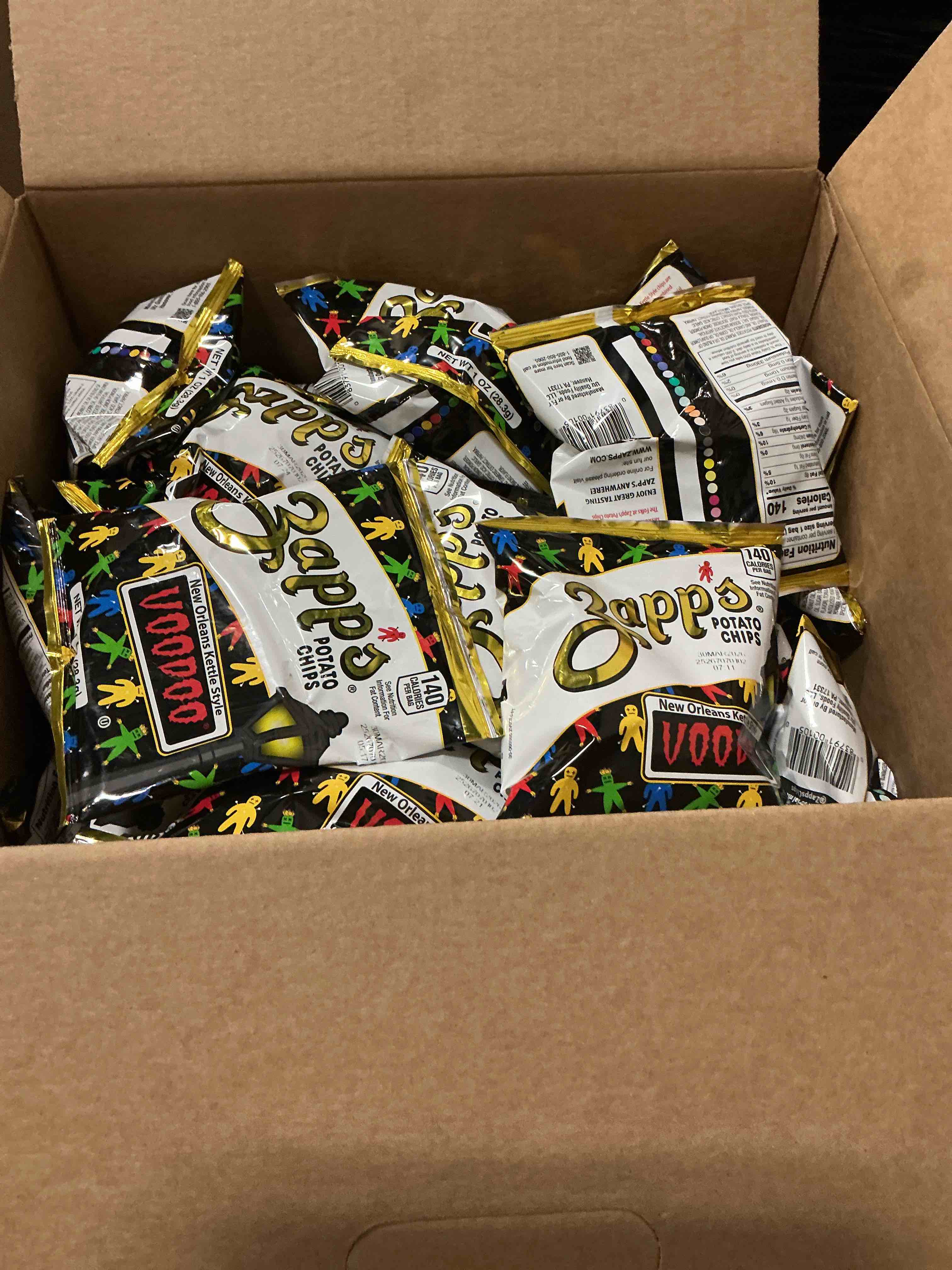 Condition photo showing New/Like New for best by 03/30/26 zapp's new orleans voodoo potato chips, 42 count - crunchy, gluten free snack with salt, vinegar, and smoky bbq flavors voodoo 1 ounce (pack of 42) 