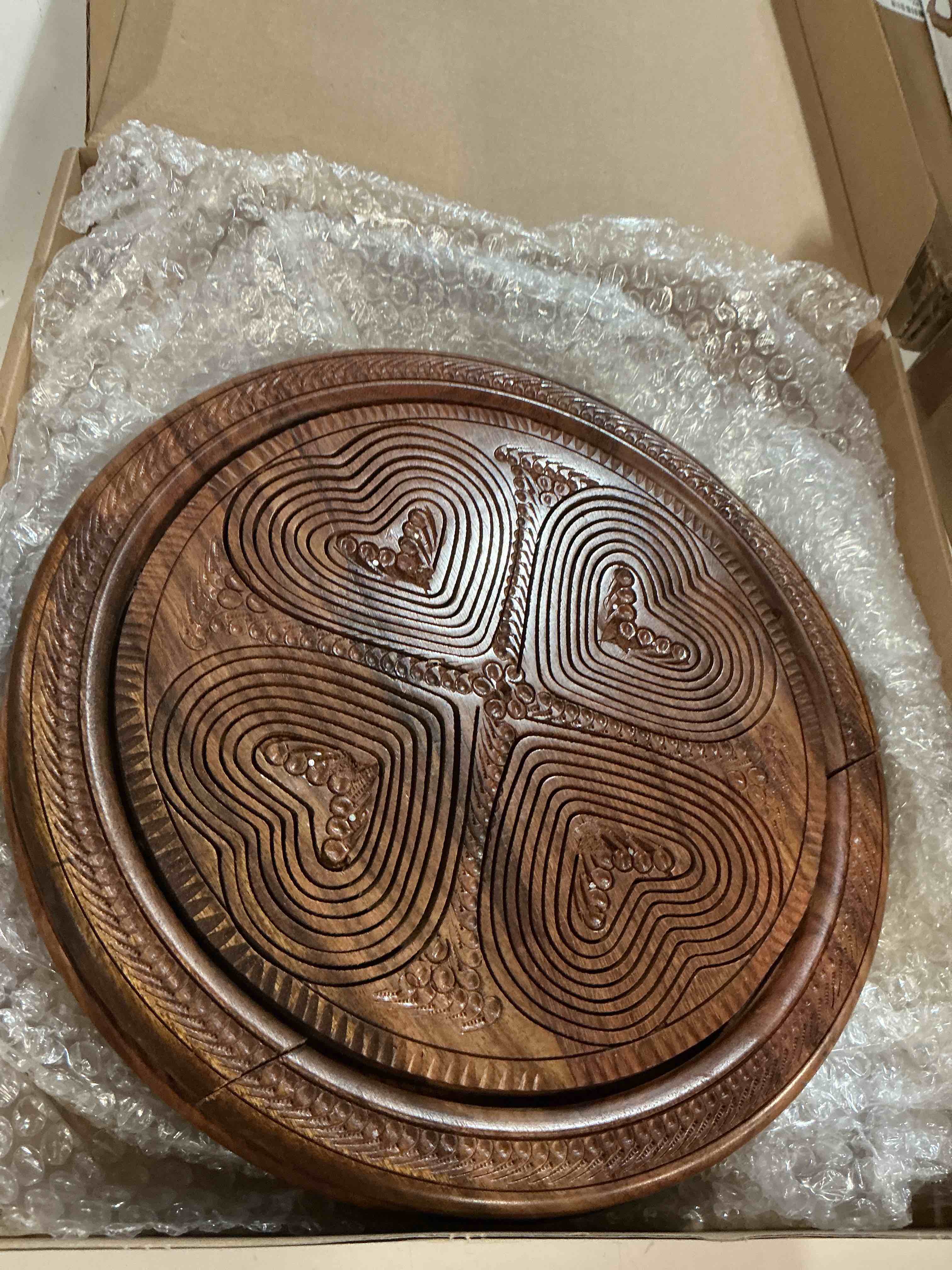 Condition photo showing New/Like New for handmade wood carving fruit plate, decorative wooden serving dish with intricate carved design
