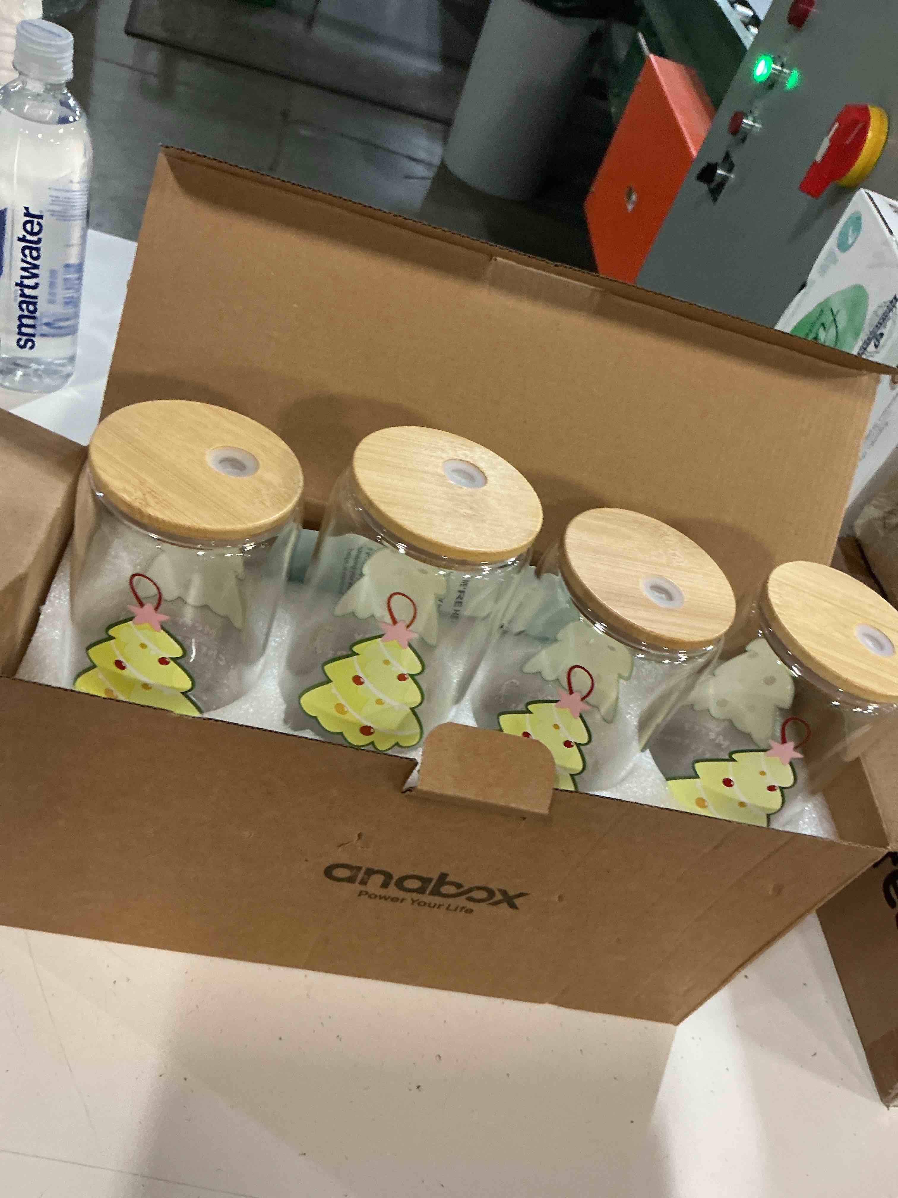 Condition photo showing New/Like New for anabox color changing glass cups with bamboo lids and straws, 16oz glass tumbler for ice coffee milk tea juice (christmas cups gift xmas 4pcs)