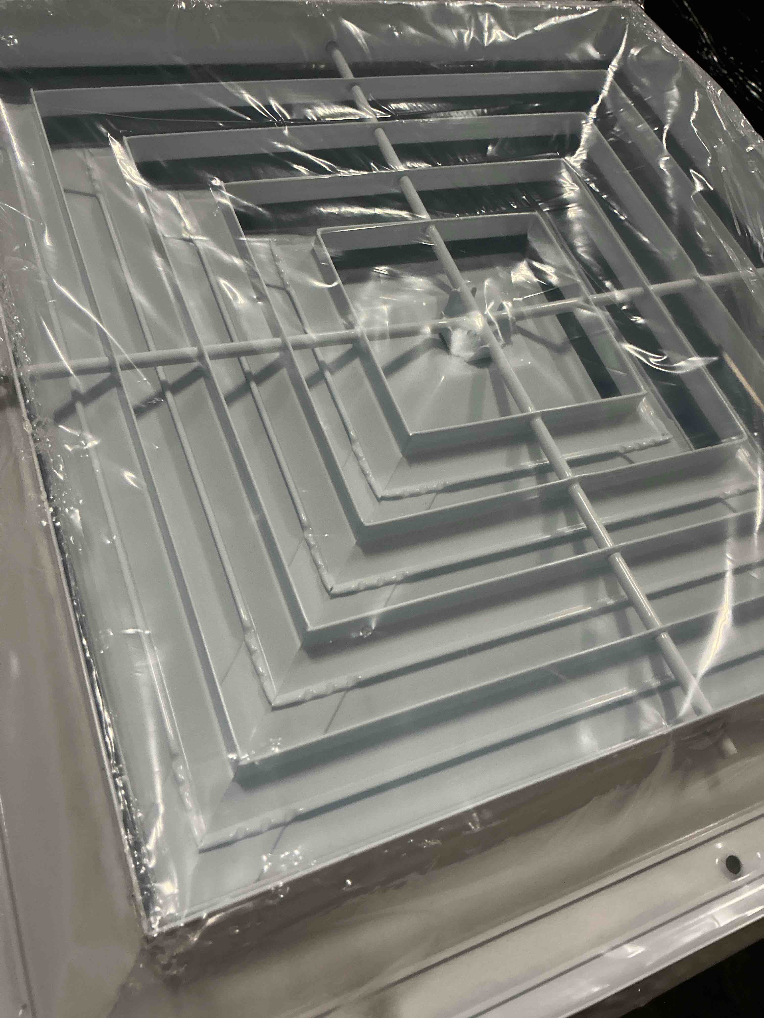 Condition photo showing New/Like New for 12x12 inch (duct opening) air vent cover - 4-way ac & ceiling register vent cover with extruded aluminum core hvac ceiling diffuser - air conditioner grille with opposing blades damper by aclaminaire 12" x 12" duct hole
