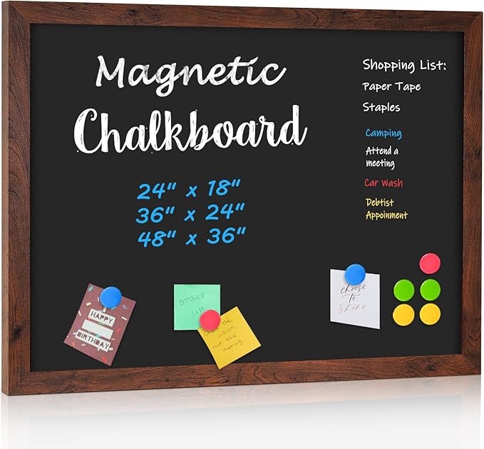 4 thought chalk board 24" x 36", magnetic large chalkboard for wall rustic blackboard hanging chalkboards sign menu board for kitchen decor office home school 4 markers 8 magnets, brown