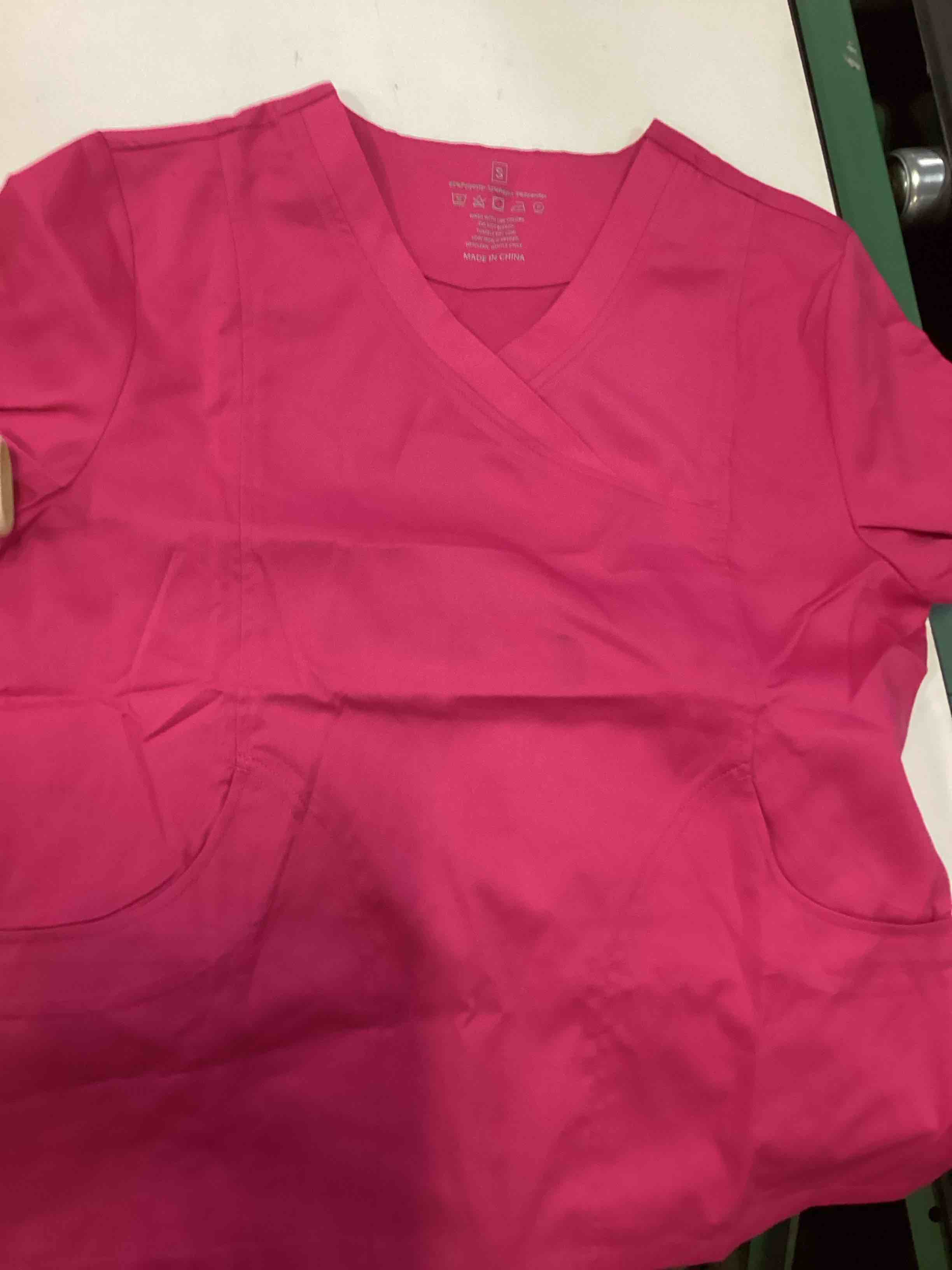 Condition photo showing Good Condition for Scrubs for Women Set, Medical Uniform V-Neck Stretch Top & Straight Pants,Elastic Waistband,4 Pockets Hot Pink Small
