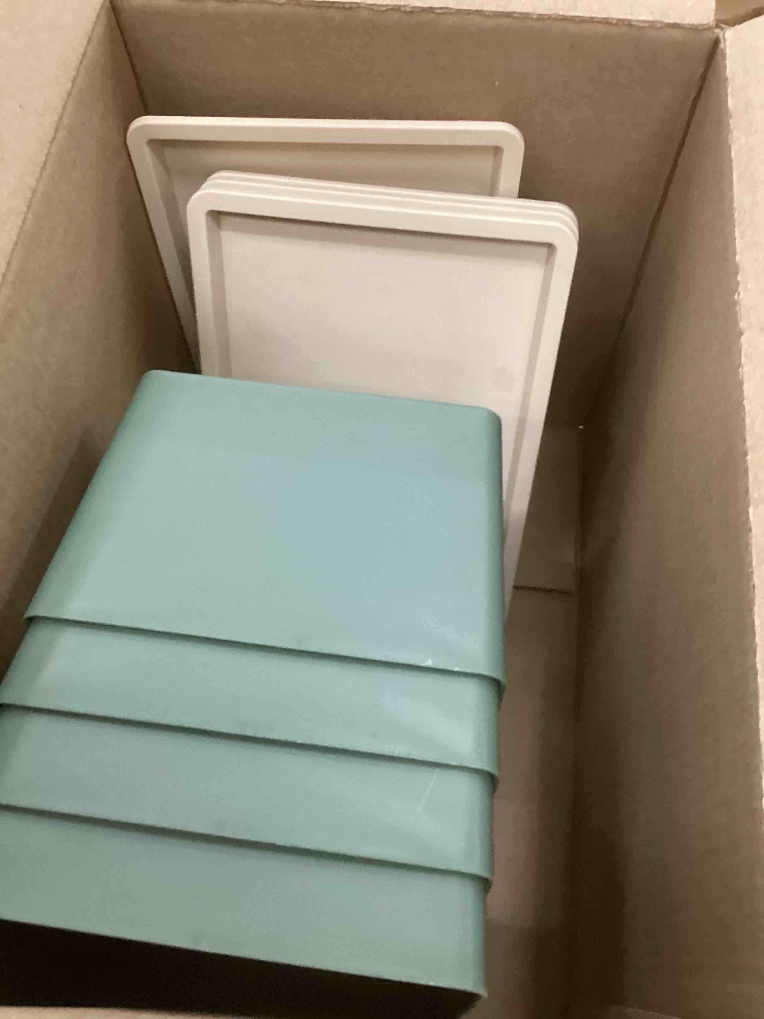 Condition photo showing As Is for Menkxi 4 Pcs Storage Bins with Lids Plastic Stackable Containers for Organizing Shelves Christmas Ornament Box Baskets(Green,Small) Green Small