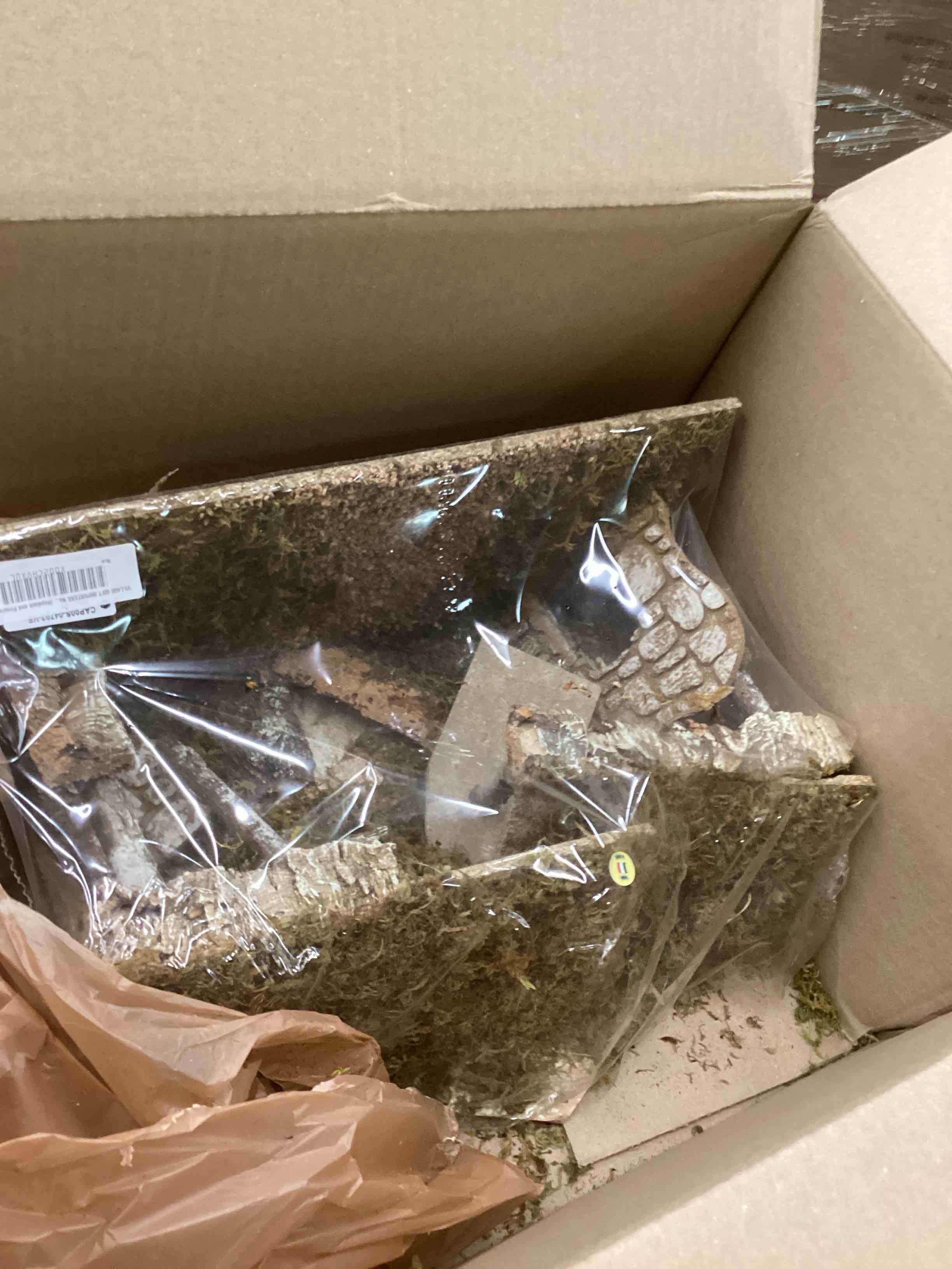 Condition photo showing As Is for VILLAGE GIFT IMPORTERS Nativity Creche Stable | 12" Tall and 19" Wide | 2 Styles | Realistic Moss Hay Wood and Fabric | Made in Italy (Haystack and Fireplace)