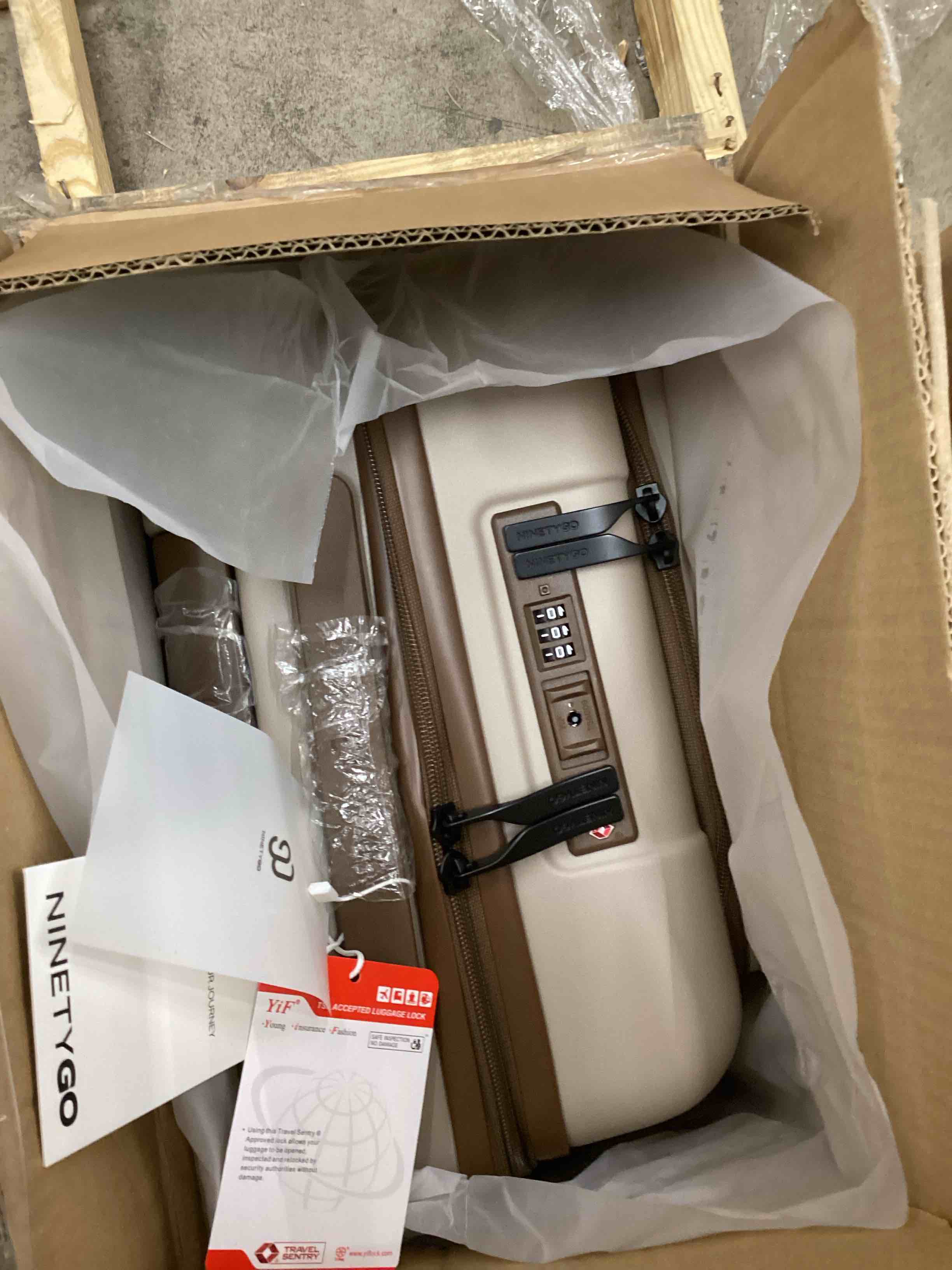 Condition photo showing New/Like New for NINETYGO Carry On Luggage 22x14x9 Airline Approved, 20 Inch Suitcase with Front Compartment & Cup Holder, Coffee-Infused PC Hard Shell, Eco-Friendly, TSA Lock, 360° Spinner Wheels (Flat White) 06-Oats Flat White Carry-On 20-Inch