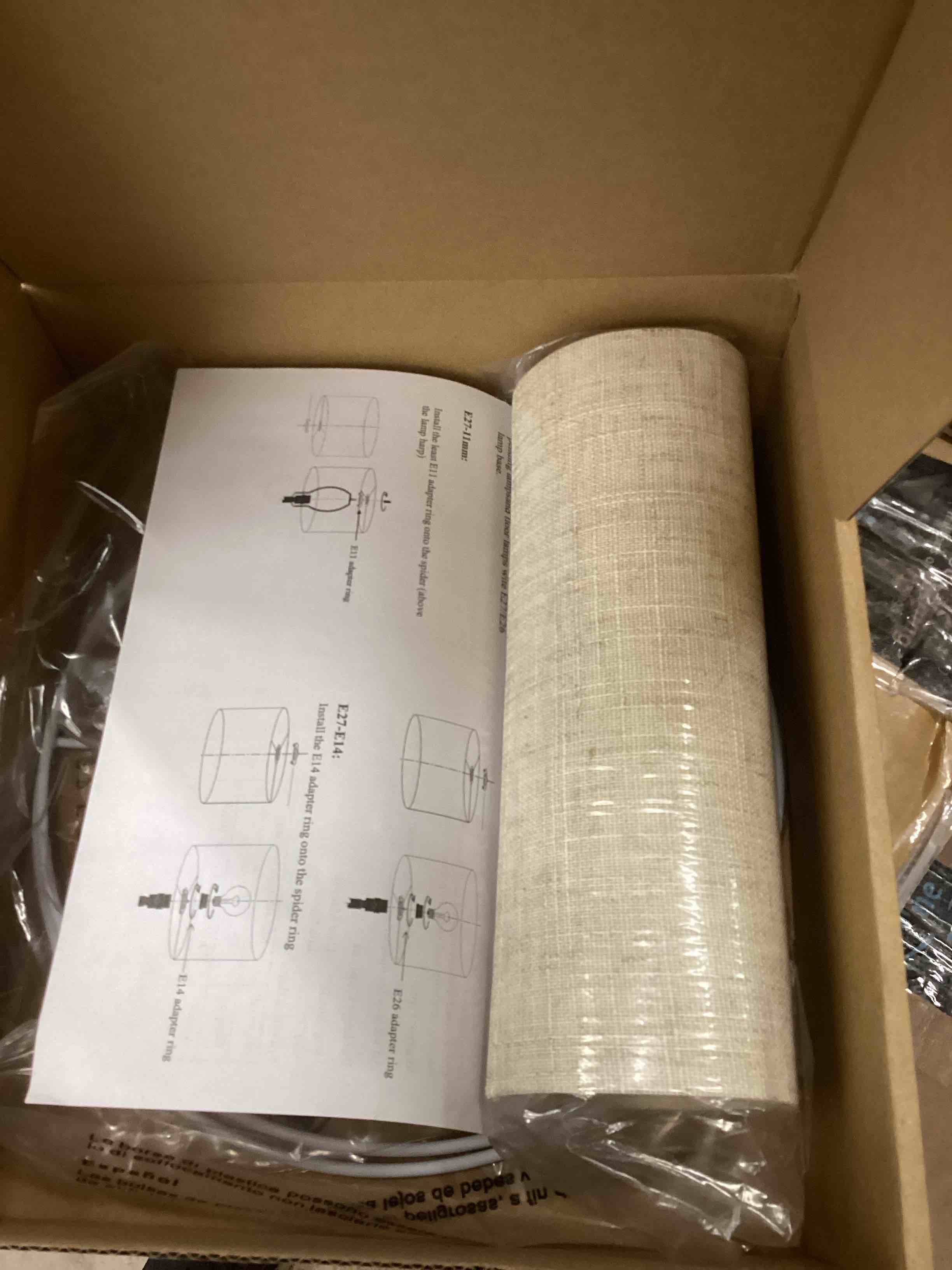Condition photo showing New/Like New for Beige Linen Small Drum Lampshade, 8.66" Top x 8.66" Bottom x 7.87" High Lamp Shade, Lamp Shade Replacement for Table and Floor Lamps, Pendant Light, Handcrafted Lampshade, Easy Assembly