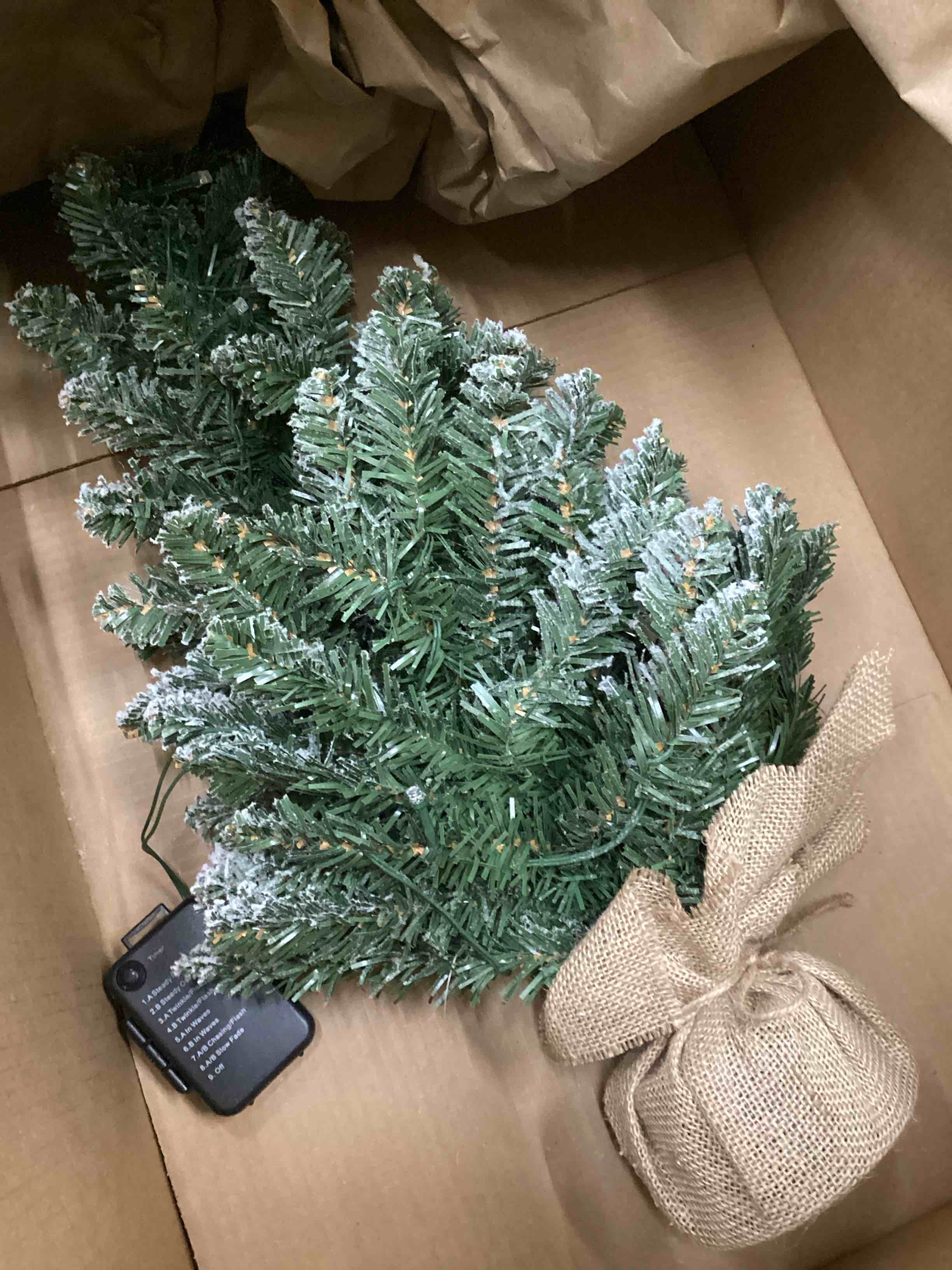 Condition photo showing Good Condition for 2 ft Mini Christmas Trees with 25 F5 LED Lights, 24" Decorated Burlap Artificial Tabletop Christmas Trees Home Party Decoration for Kitchen Dining Room Window Green White
