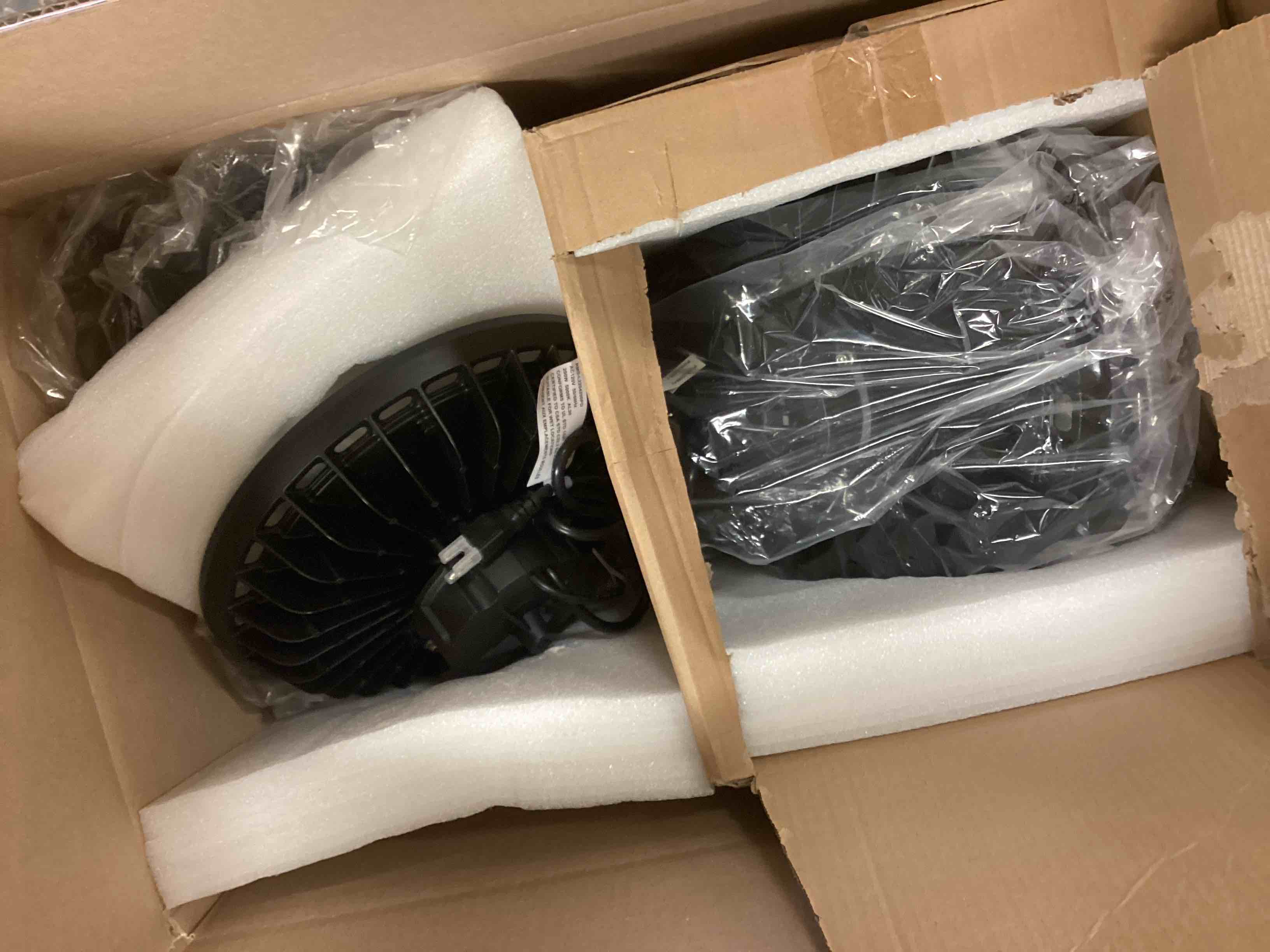 Condition photo showing As Is for UFO LED High Bay Light 200W 6 Pack, High Bay LED Shop Light 30,000LM 0-10V Dimmable, 5' Cable with US Plug, Hanging Hook, Safe Rope, ETL Listed High Bay for Warehouse Factory Barn Shop 200W 6PACK