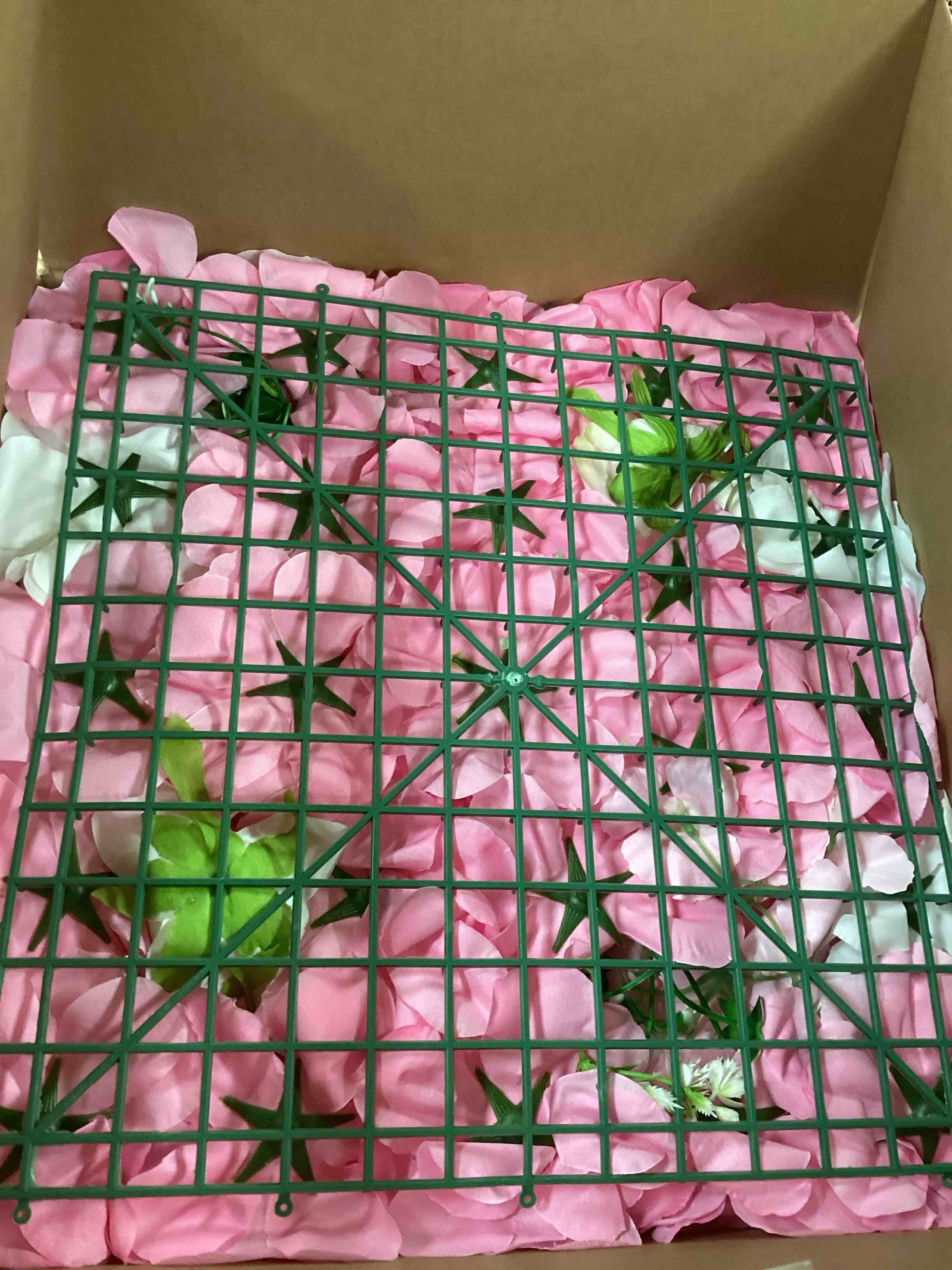 Condition photo showing Good Condition for Flower Wall Backdrop 6 Piece of 16.5x16.5 Inch Artificial Floral Wall Panel Faux Silk Rose Decor Ideal for Wedding Celebrations, Festive Party Backdrops, and Home Decor-Rose Pink Rose Pink 16.5inch