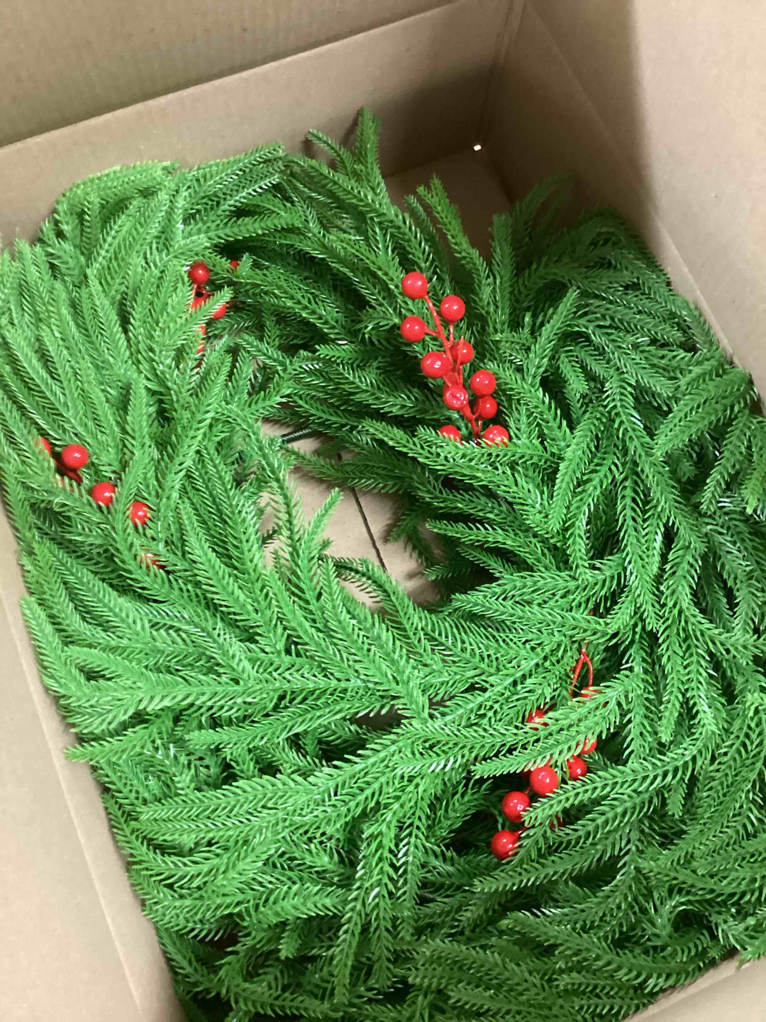 Condition photo showing Good Condition for 4Pcs 35" Extra Length Artificial Christmas Teardrop Swag, Faux Pine Needles Teardrop, Xmas Greenery Norfolk Wreath with Red Fruit, for Table, Door, Mantle, Fireplace Indoor and Outdoor Decor