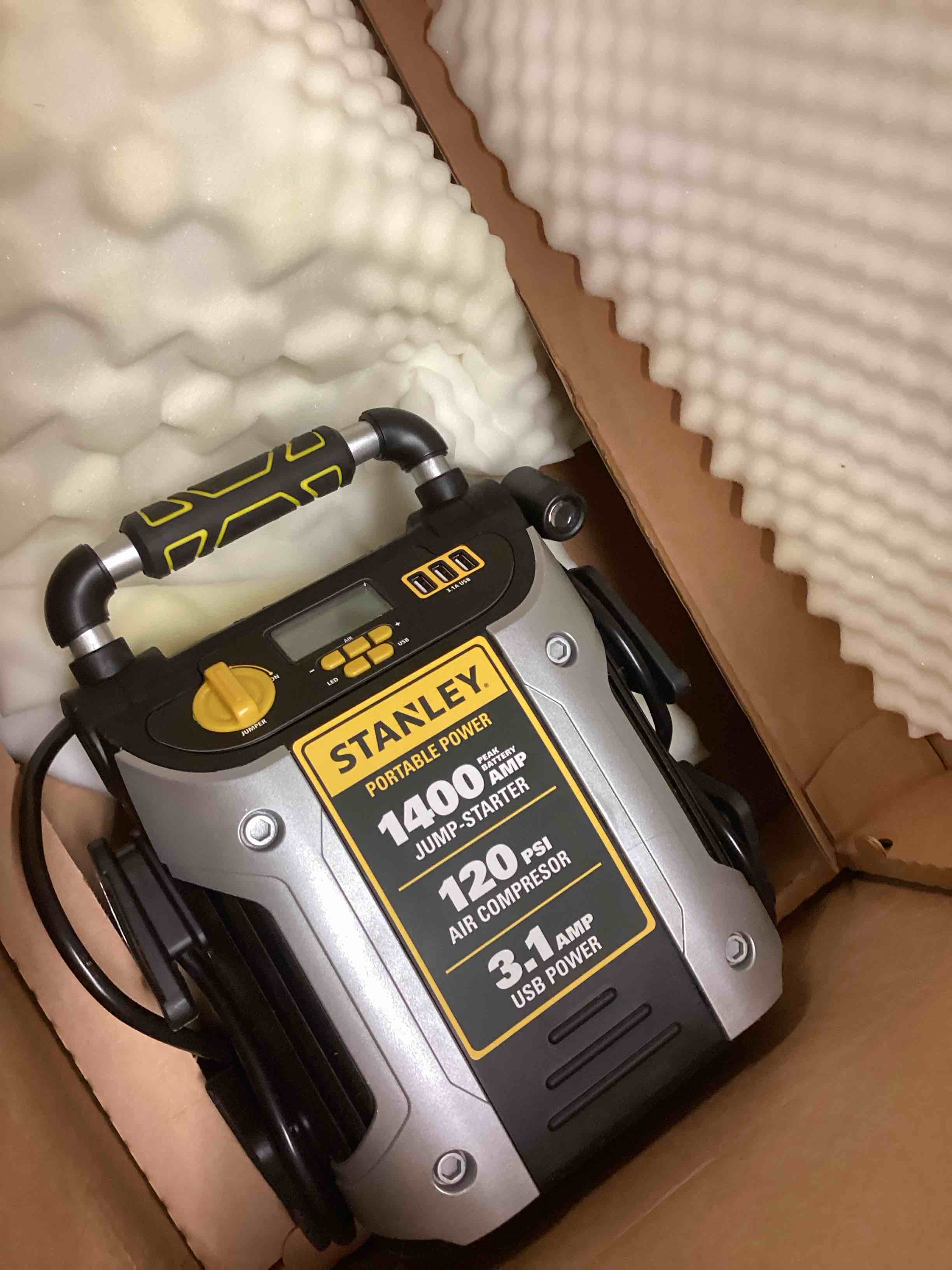 Condition photo showing As Is for Stanley J7C09D 1400 Peak Amp Automotive Jump Starter, Portable Power – Triple 15W USB Ports, 120 PSI Air Compressor for Tires & Sports Equipment