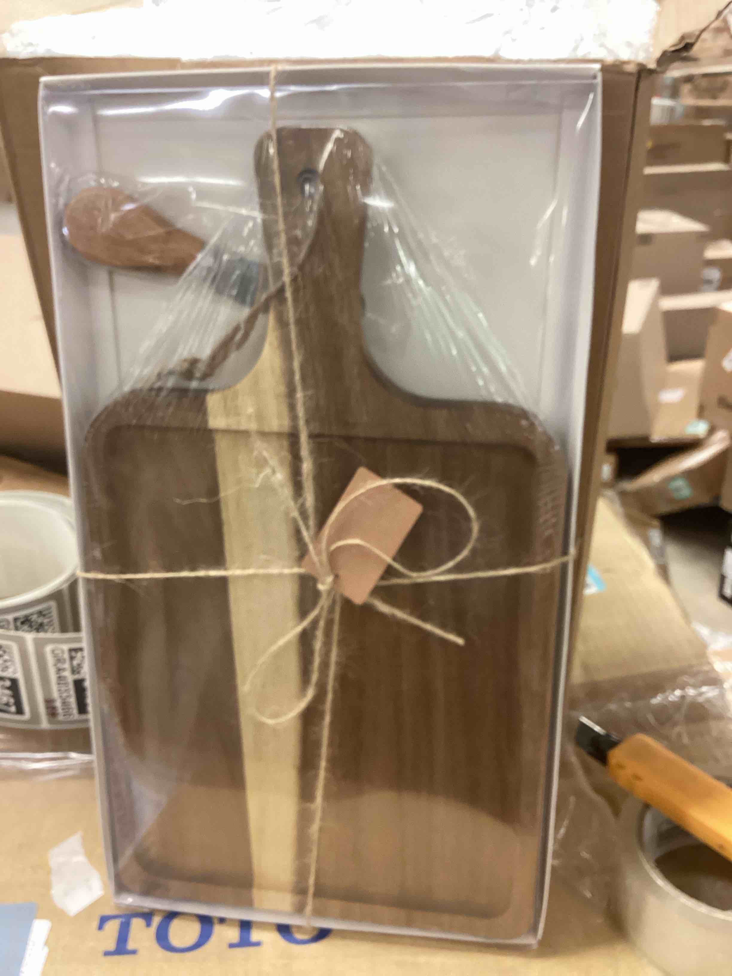 Condition photo showing New/Like New for Geetery 12 Set Acacia Wood Charcuterie Board with Knife Wooden Serving Tray with Groove Acacia Wood Cutting Board with Gift Box and Card for Wedding Baby Shower Housewarming Gift (14 x 8 Inches)