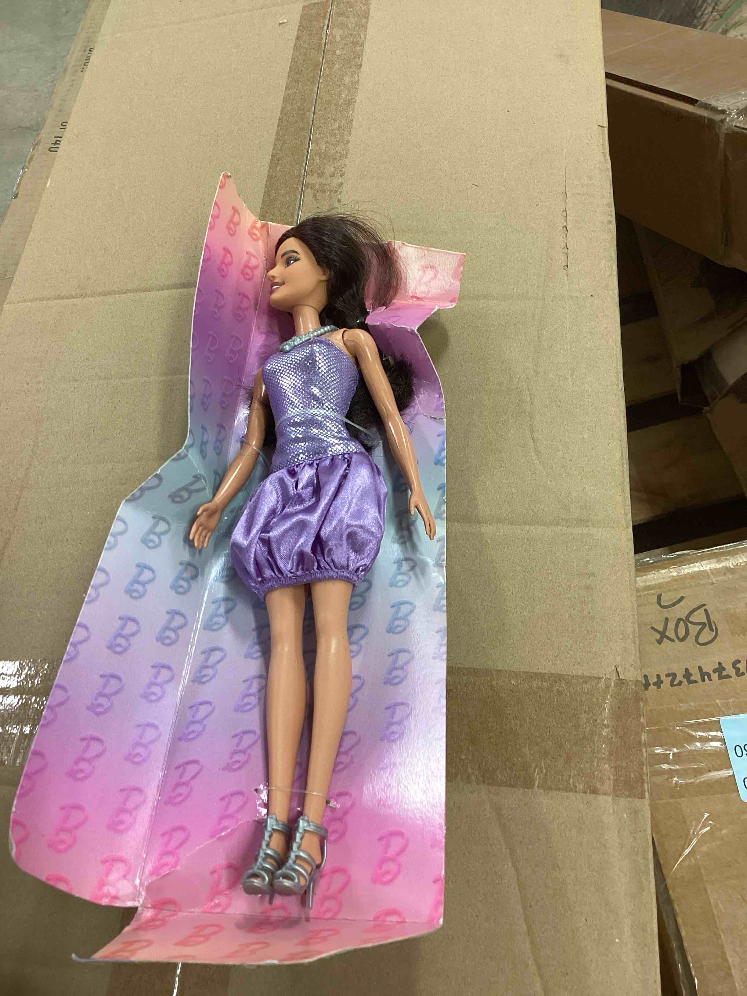 Condition photo showing Good Condition for Barbie Fashionistas Doll #234 with Brown Hair, Wearing Sequined Purple Bubble Dress with Satiny Skirt, Silvery Necklace and Heels