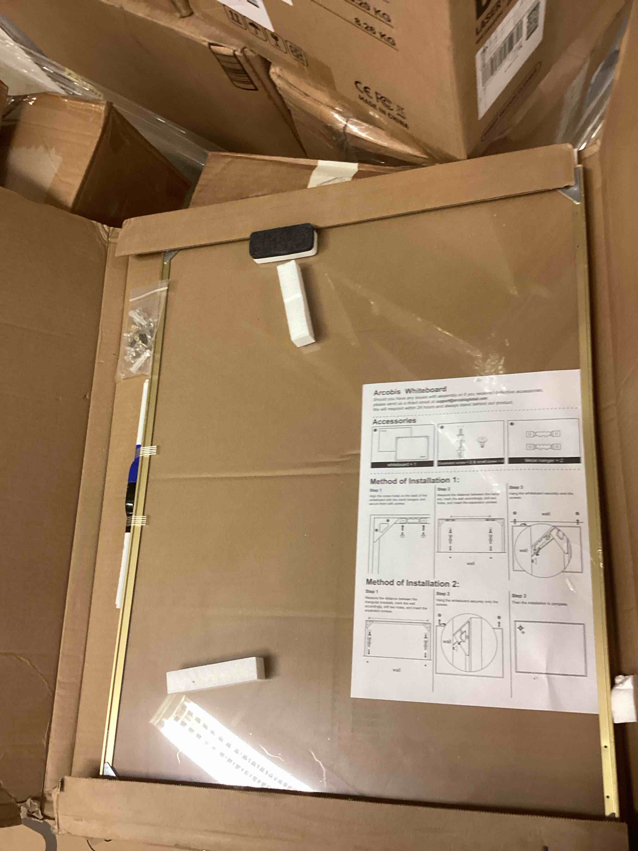 Condition photo showing As Is for ARCOBIS Dry Erase Cork Board Combo, 24"X18" Whiteboard with Linen for Wall, Magnetic Dry Erase Bulletin Board, Vision Board for Home, Office, School, Off White