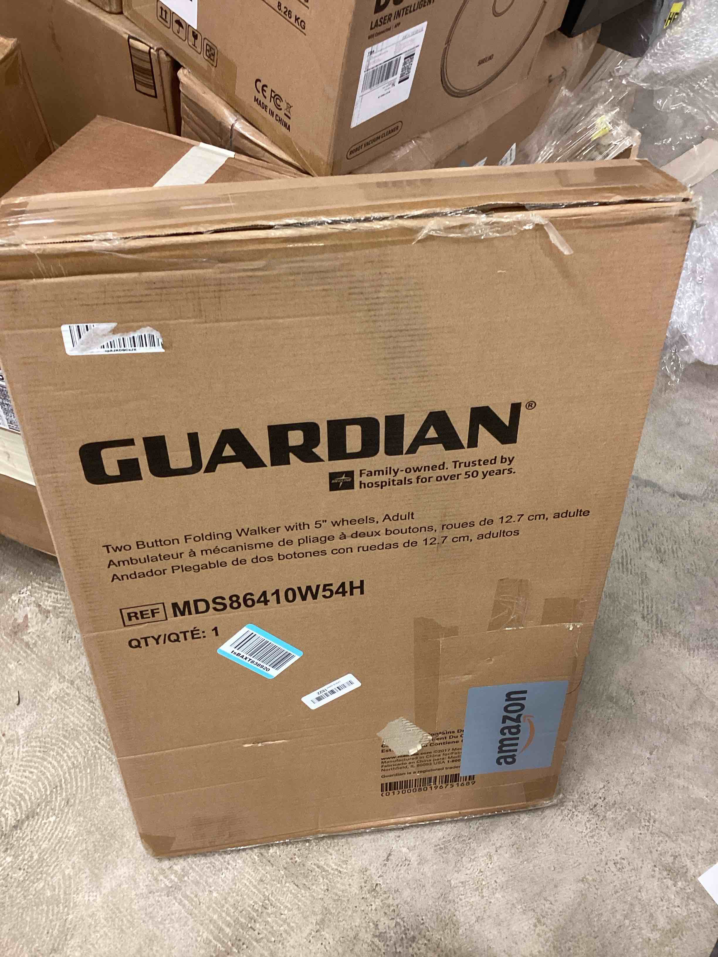 Condition photo showing New/Like New for Medline Lightweight Two Button Folding Walker with 5" Wheels, Aluminum Frame Supports up to 300 lbs Metallic 1 Count (Pack of 1)