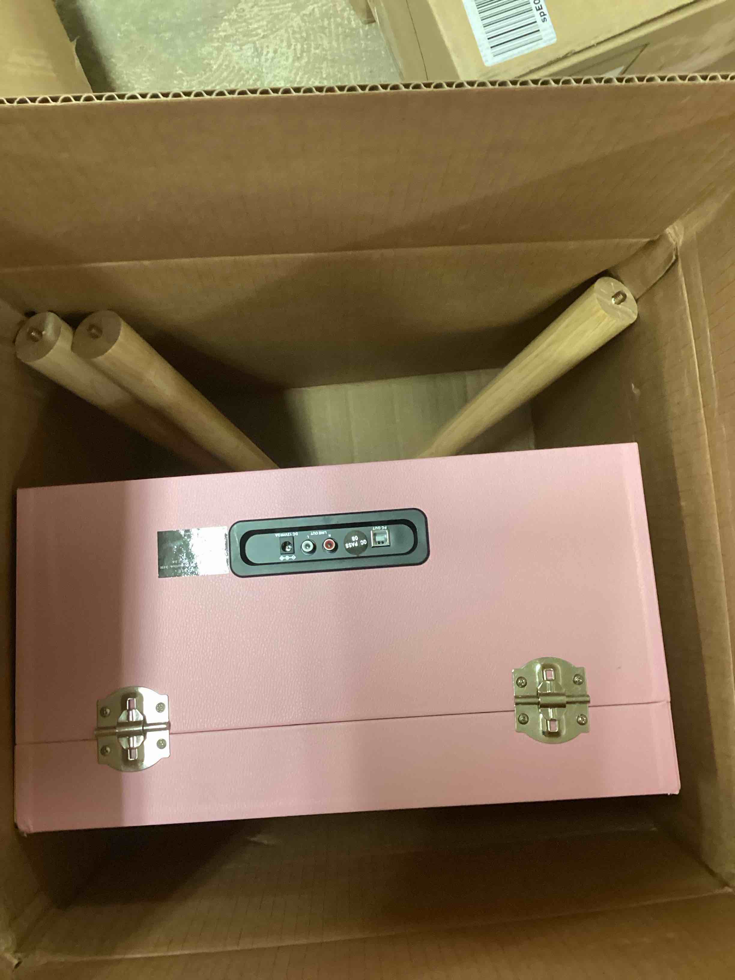 Condition photo showing Good Condition for Vintage Standing Pink Vinyl Record Player with Detachable Legs, Built-in 4 Speakers, USB to PC Encoding, 33/45/78 RPM LP Player Bluetooth Retro Turntables Support Headphone Jack, RCA Out, AUX in Light Pink