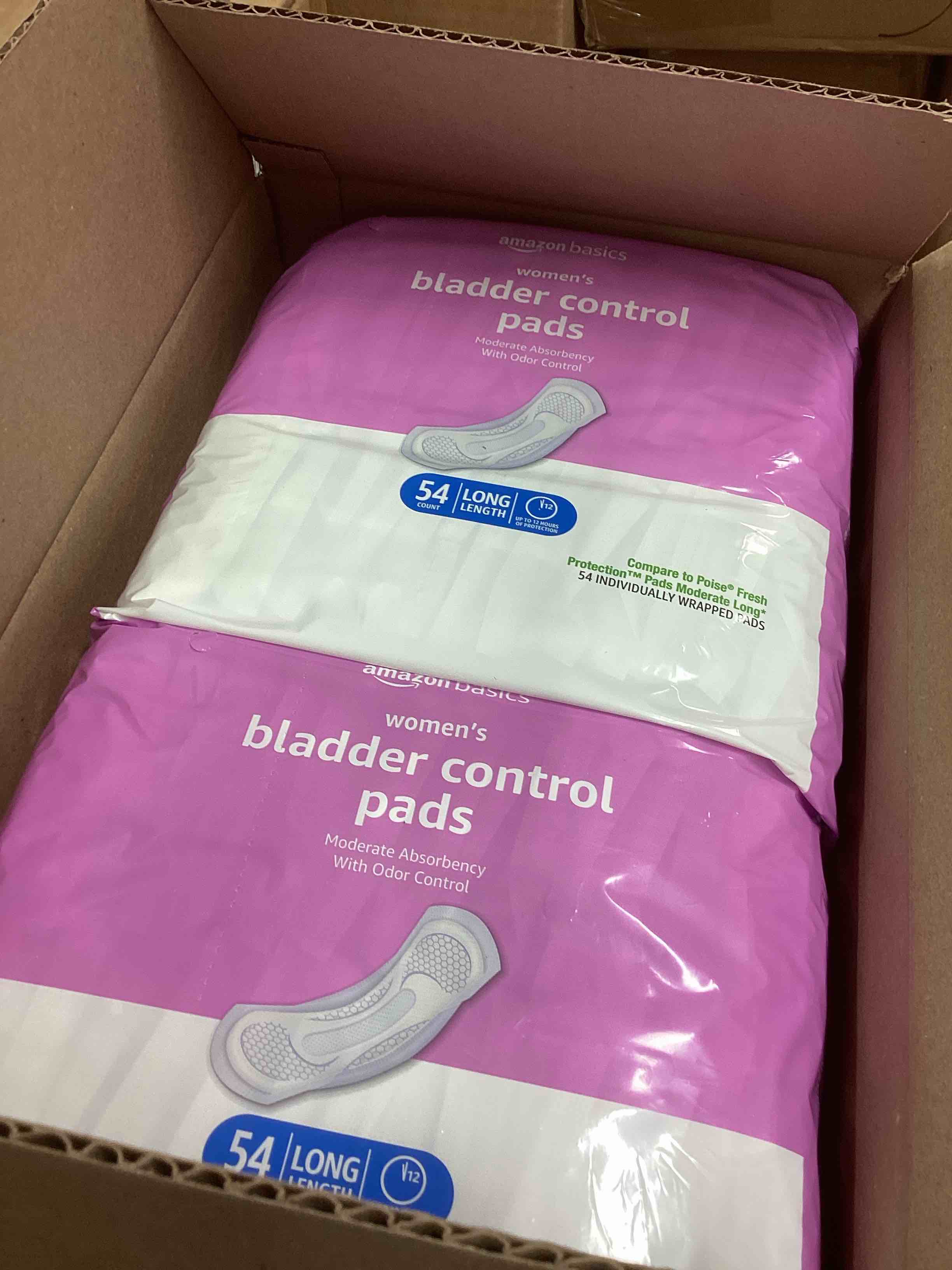 Condition photo showing New/Like New for Amazon Basics Incontinence Pads for Women Long, Bladder Control, Postpartum, Moderate Absorbency, Unscented, 108 Count (2 Packs of 54) Moderate (108 Count) 108.0