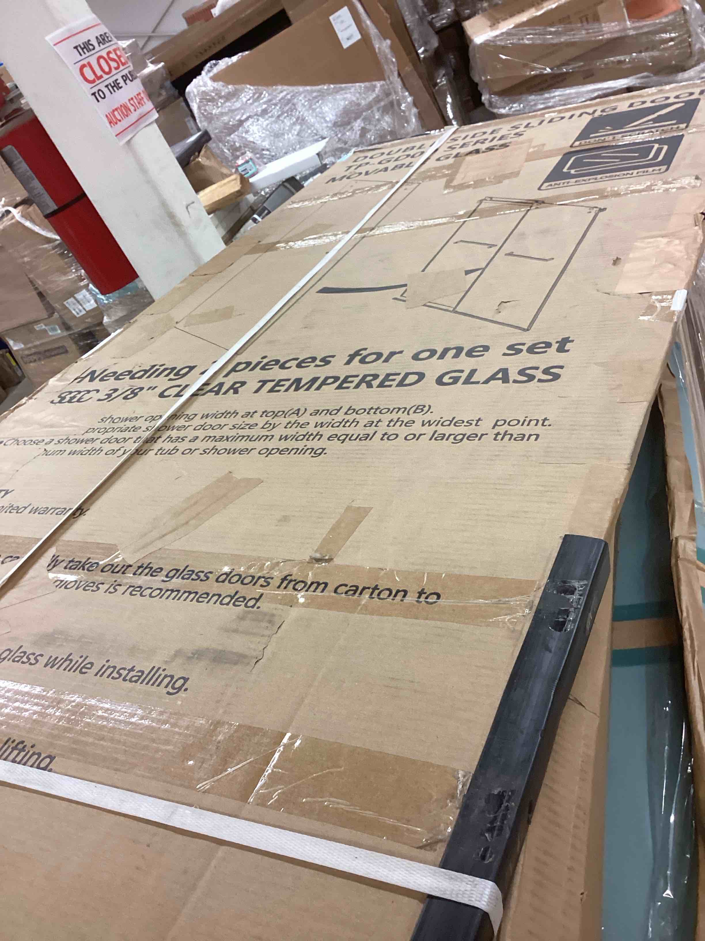 Condition photo showing New/Like New for double side sliding door,3/8” clear tempered glass (incomplete one box of two only)