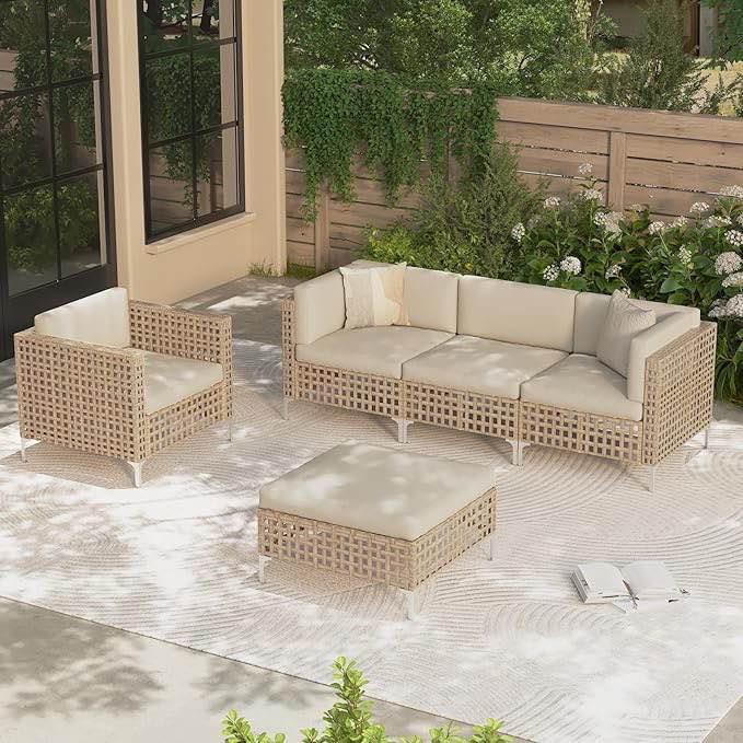 U-MAX 3 Pieces Outdoor Patio Furniture Set, Wicker Boho Outdoor Sofa Set, Patio Conversation Sectional with Water Resistant Thick Cushions and Coffee Table(3 Seats Sofa&Single Chair&Coffee Table) (incomplete 1 box of 2 only)