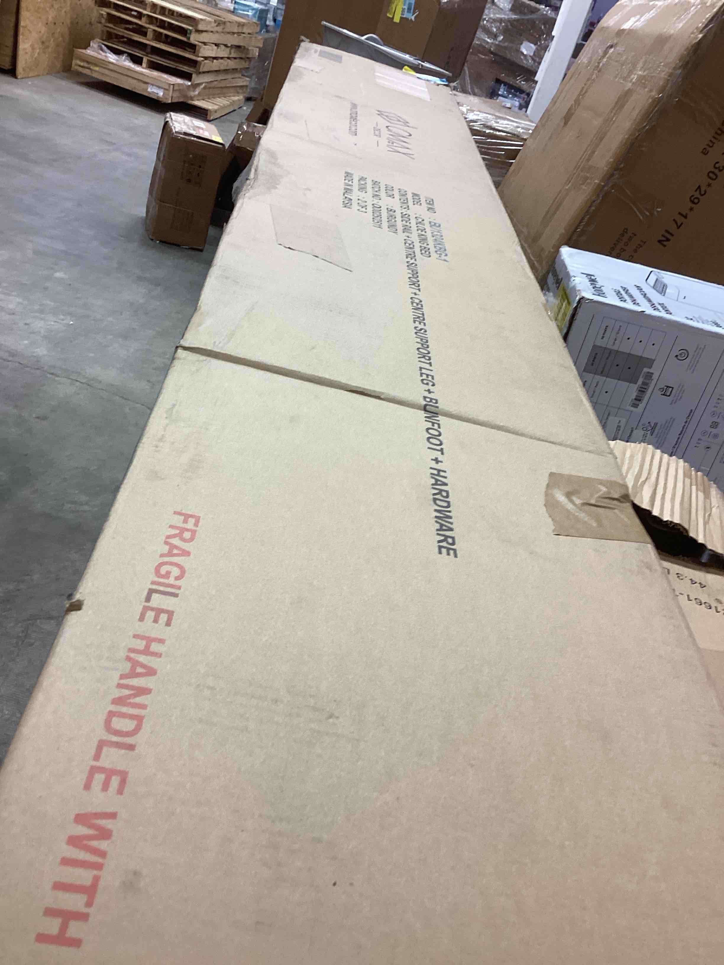 Condition photo showing New/Like New for Omax Decor Chloe Upholstered Platform King Bed in Burgundy Fabric (incomplete 1 box of 3 only) side central + center support +center support leg + bunfoot +hardware