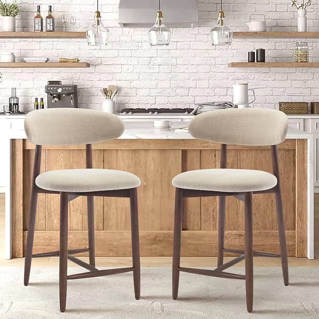 COLAMY Counter Height Bar Stools Set of 2, Kitchen Bar Stools with Back, Mid Century Modern Upholstered, with Wood Legs for Kitchen Island Dining Room, Beige