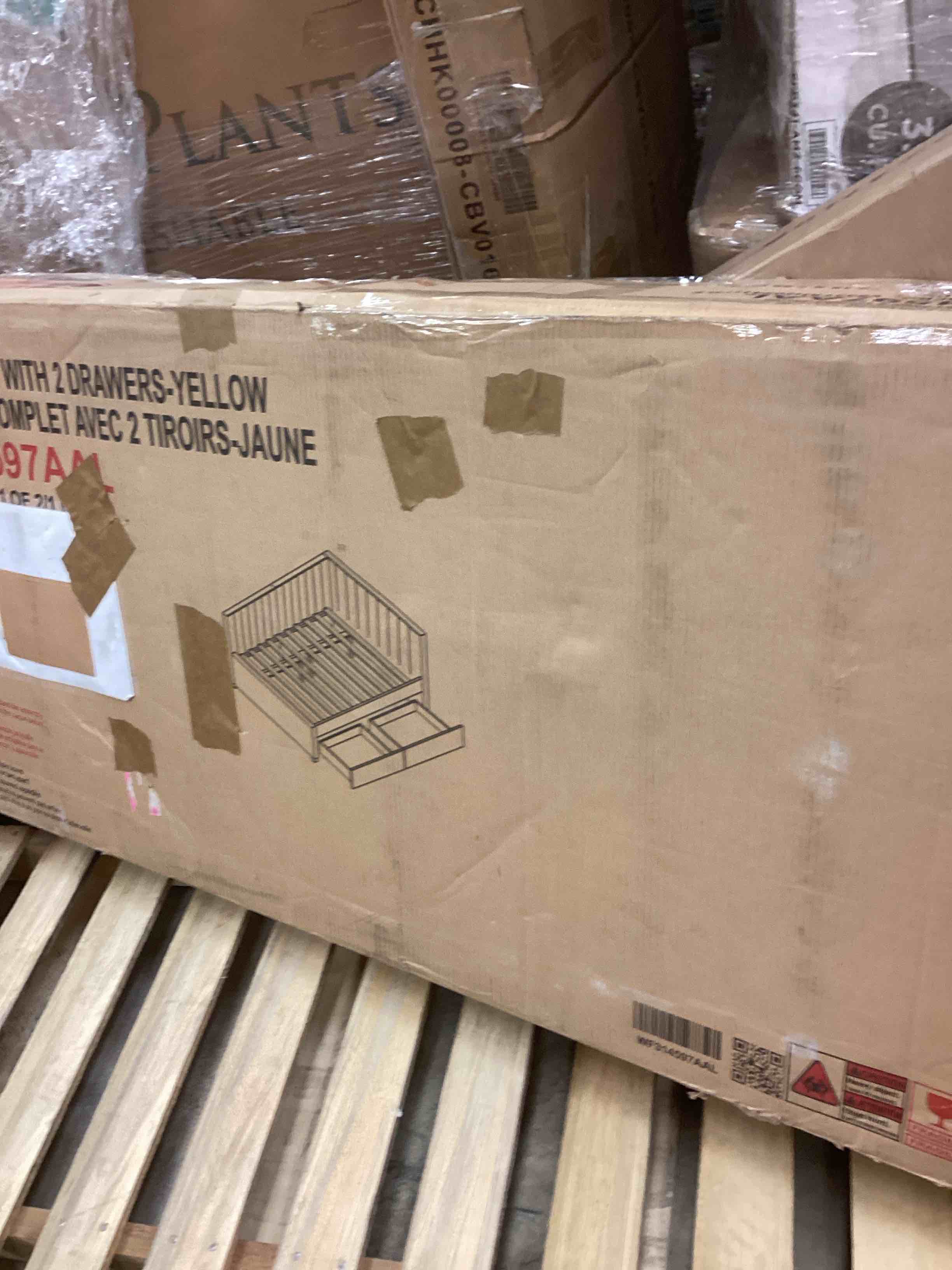 Condition photo showing New/Like New for full bed with 2 drawers- yellow wf314597aal (incomplete one box of two only)