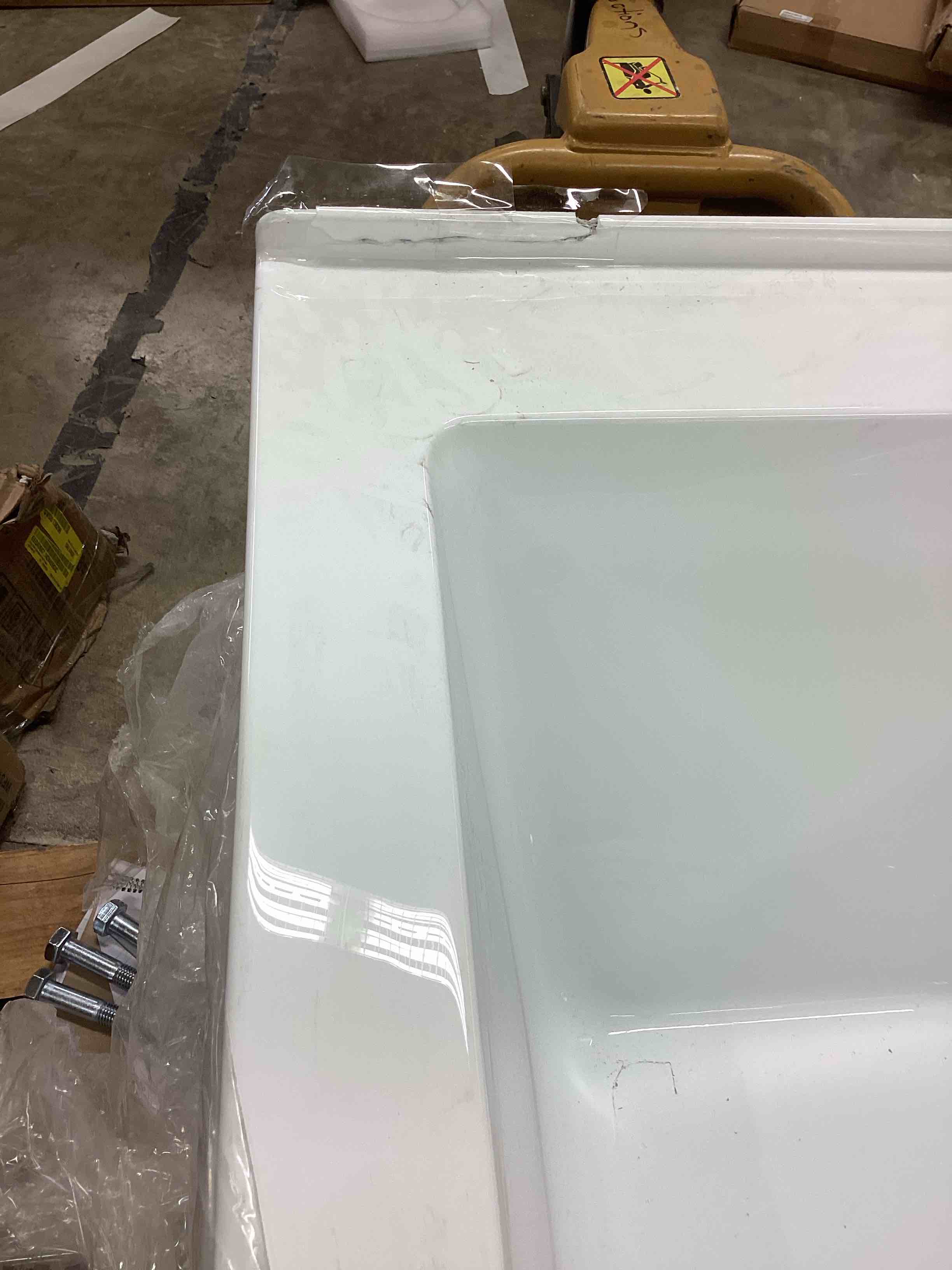 Condition photo showing As Is for Acrylic Rectangular Drop-In Tub with Center Drain Hole, Glossy White