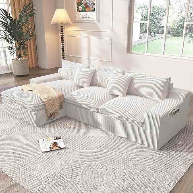 108" Cloud Modular Sectional Couch with Deep Seat, L-Shape Boneless Sofa with Oversized Chaise, Comfy Fluffy Couches for Living Room, Convertible, Layered Cushions, Plush Corduroy, Cream (incomplete one box only)