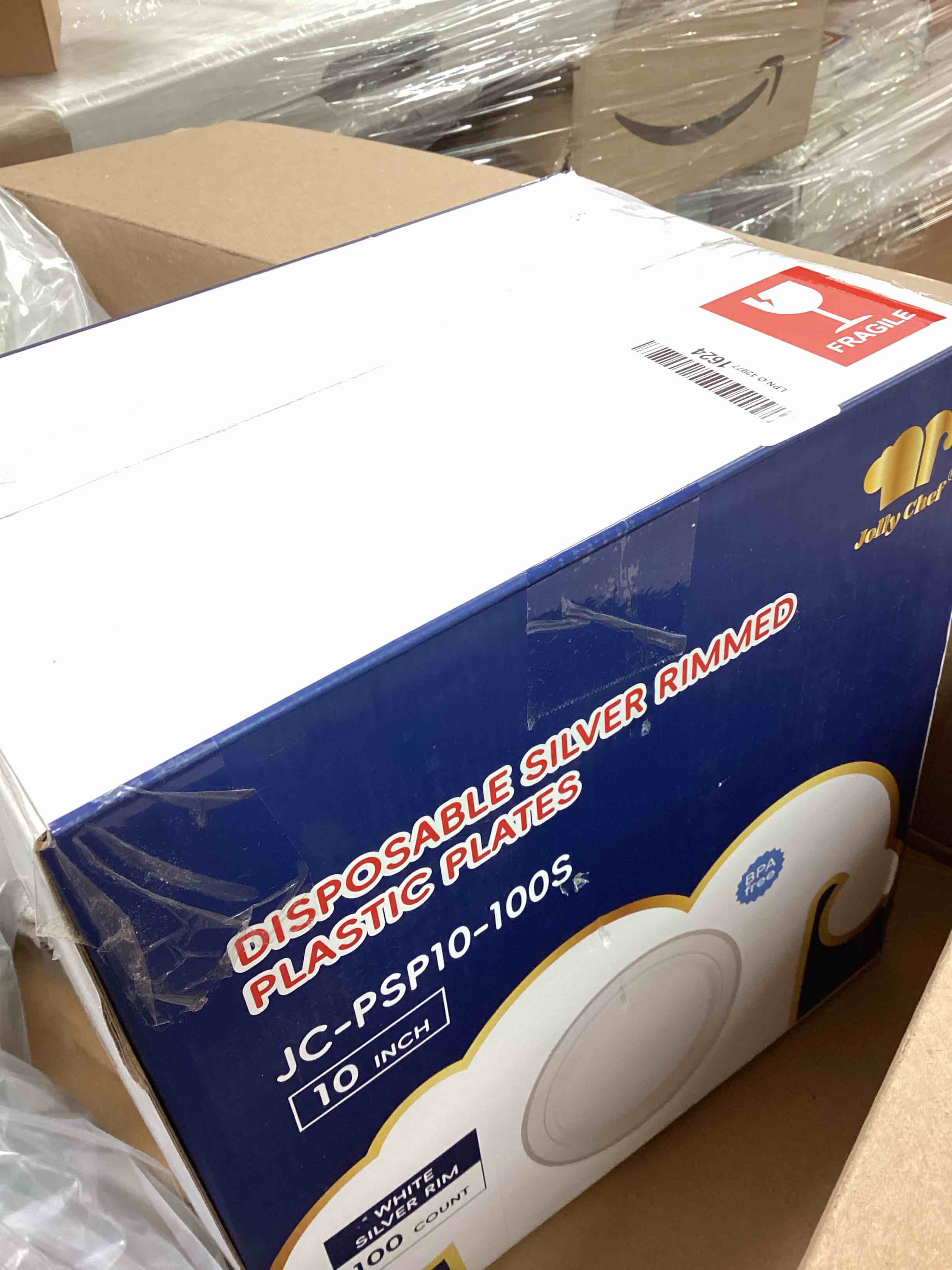 Condition photo showing New/Like New for JOLLY CHEF 100 Pieces Silver Plastic Plates, 10 Inch Disposable Plates White Plate with Silver Rim, Heavy Duty Plastic Plates for Christmas, Birthdays and Weddings Silver-100