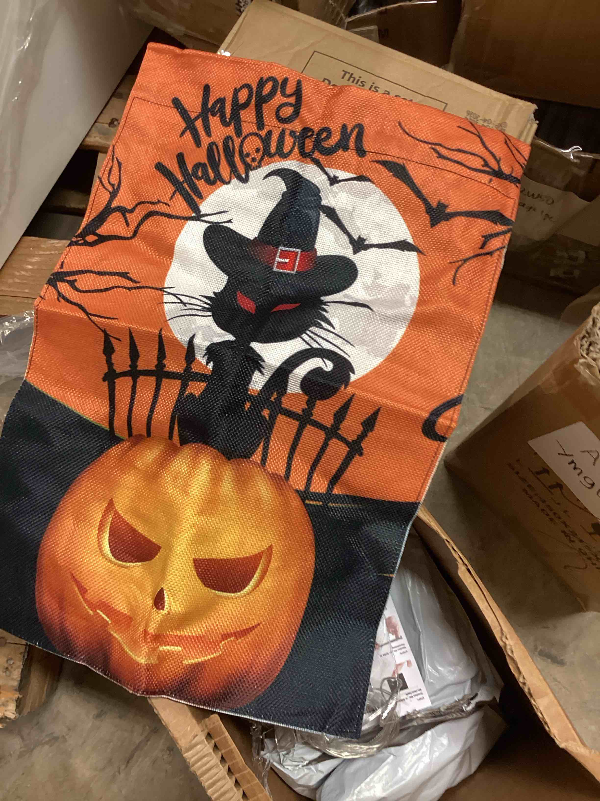 Condition photo showing New/Like New for (Case of 18 pcs) Unique Design Solar Garden Flag with Double-Sided Patriotic Decor, Halloween Cat Lighted Pumpkin Flag with Solar String Lights