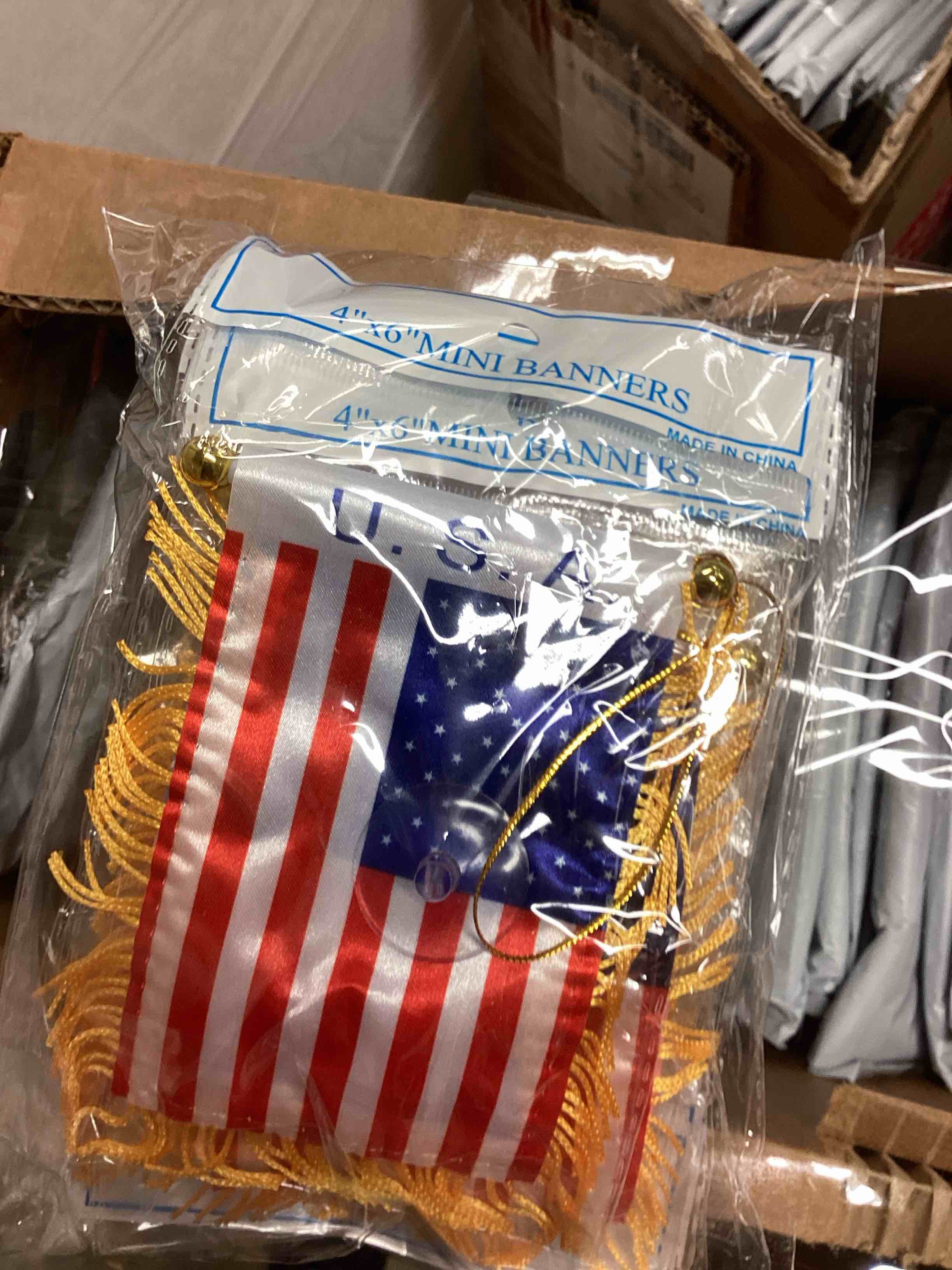 Condition photo showing New/Like New for (10 pcs/ pack) 4 X 6 American Flag Small Mini US USA Flags Banners for Car Rearview Mirror Window Hanging Decor with Suction Cup & Fringy