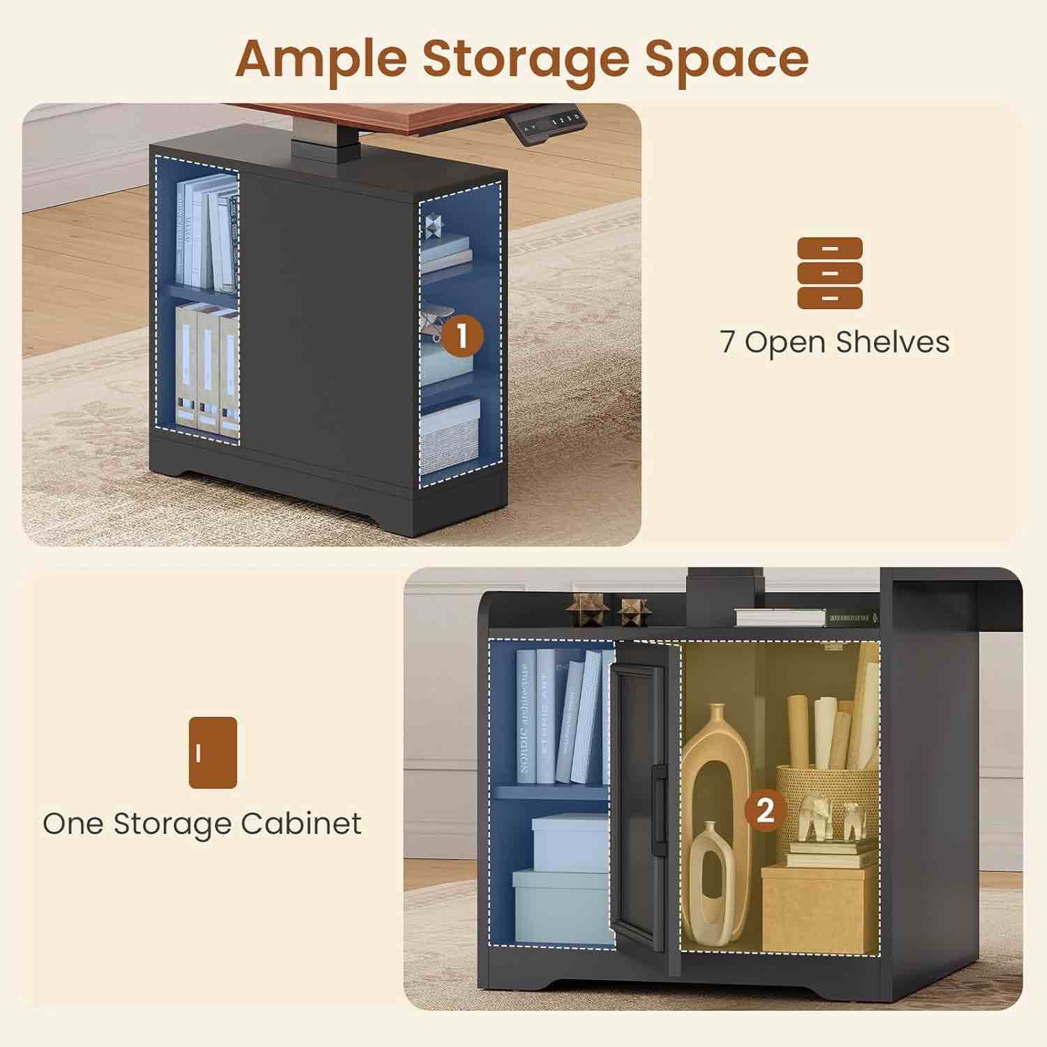 sedeta farmhouse l shaped standing desk with storage, standing computer desk with power outlets, height adjustable two person desk with drawers & cabinet, home office desk with open shelves, black (incomplete only one storage cabinet) 