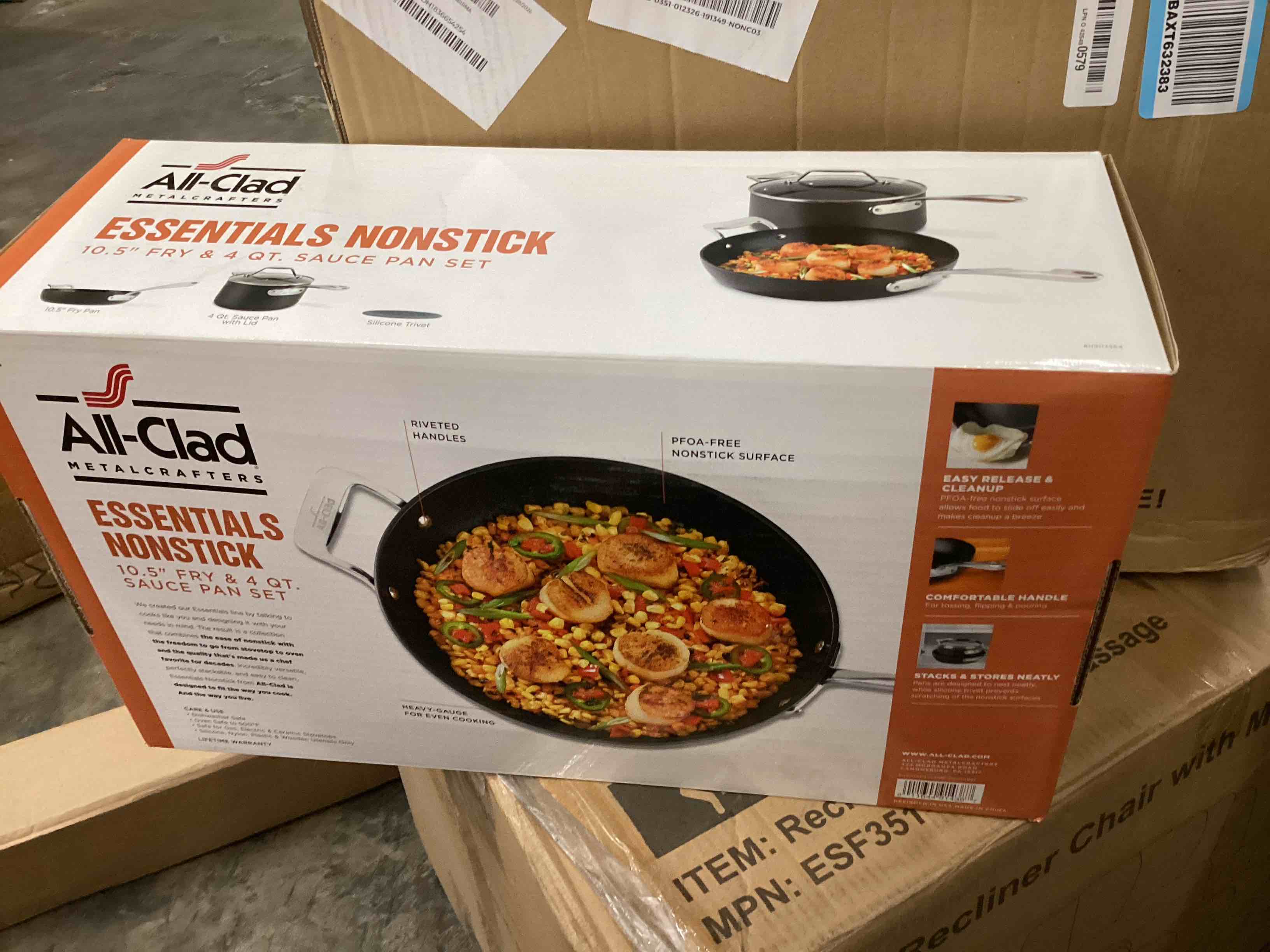 Condition photo showing item condition for all-clad essentials nonstick hard anodized fry & sauce pan, 10.5 inch and 4 quart, black