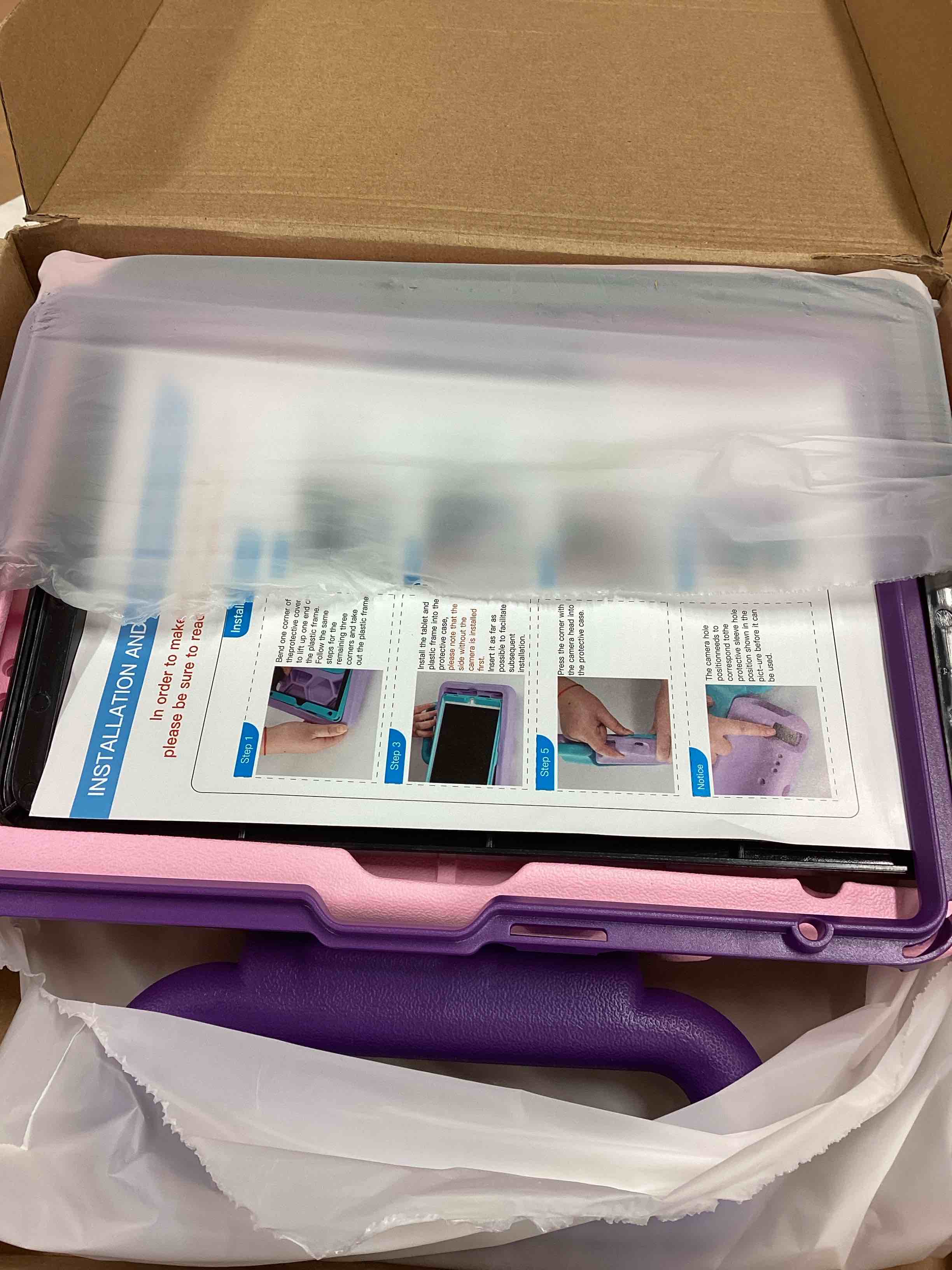 Condition photo showing New/Like New for leijue kids case for ipad 7th/8th/9th gen 10.2 inch,adjustable portrait/landscape stand//drop proof with handle/kickstand,child friendly protective cover for ipad 10.2 2021/2020/2019 (pinkpurple)