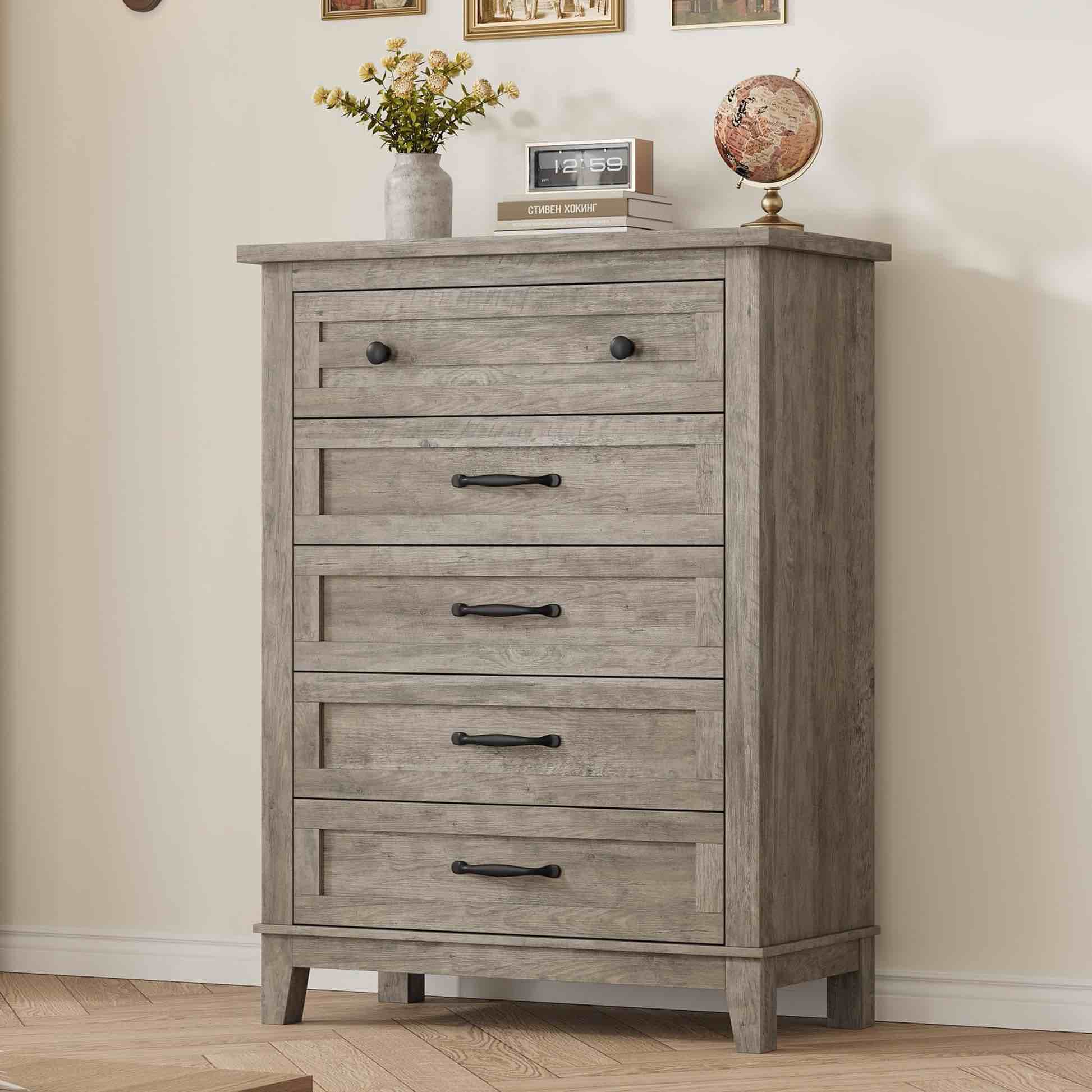 garvee 5 dresser for bedroom, 41.3 in tall vertical drawer dresser with large storage, freestanding wooden closet chest for bedroom, living room, ash gray