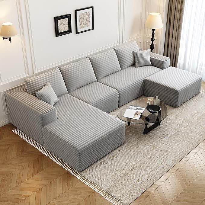 135.4" cloud modular sectional sofa with 1 ottoman,modern minimalist upholstered couches, comfort u shaped sofa for living room,deep seat corner couch?no assembly required (grey,left facing chaise) (incomplete one box only)