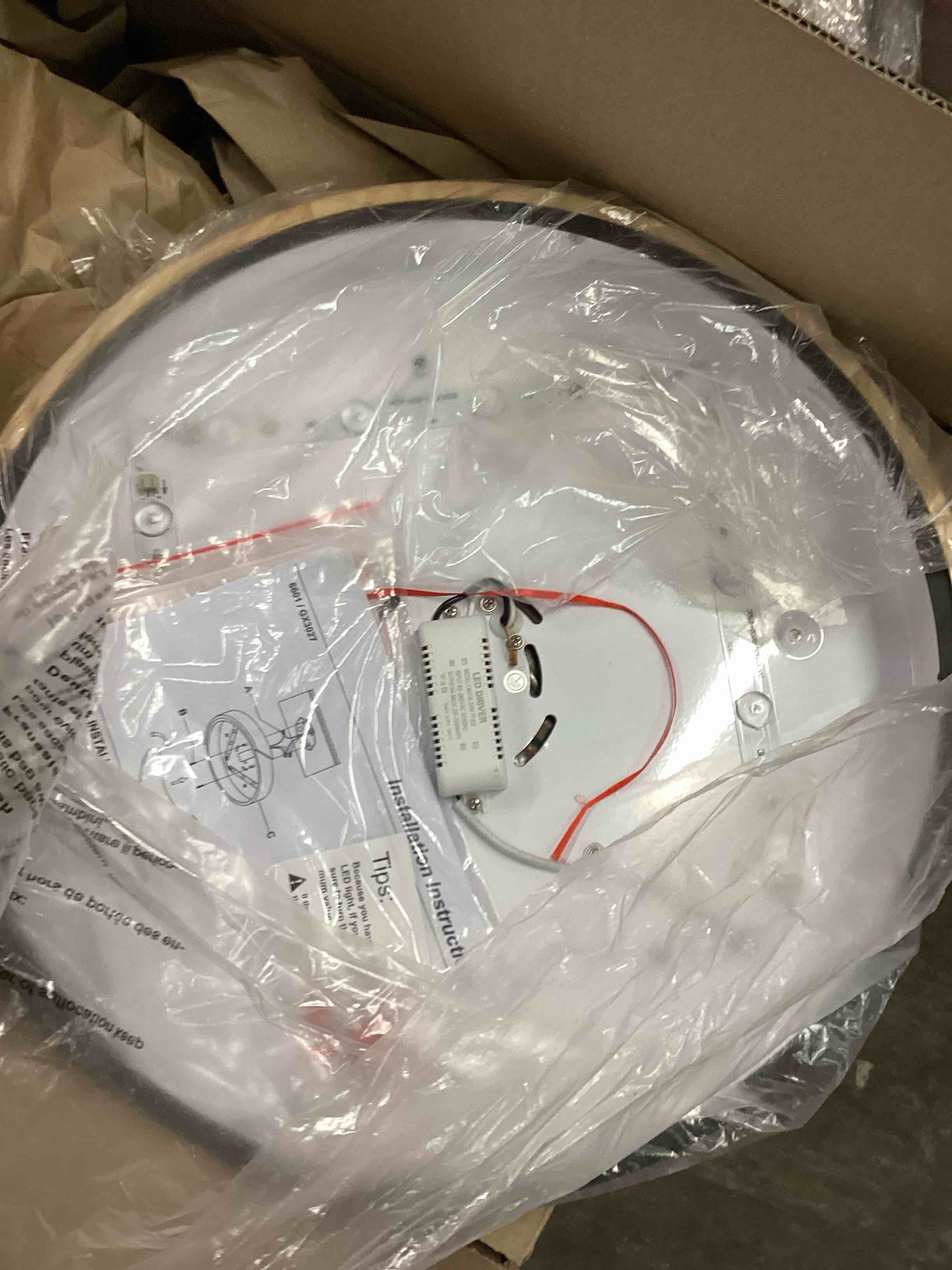 Condition photo showing As Is for Modern Dimmable Black LED Ceiling Light, 2700K-6000K 5CCT Wood Flush Mount Ceiling Lighting Fixtures, Minimalist Round Ceiling Lamp for Living Room Kitchen Laundry Room Hallway Black 15.8in (incomplete) 