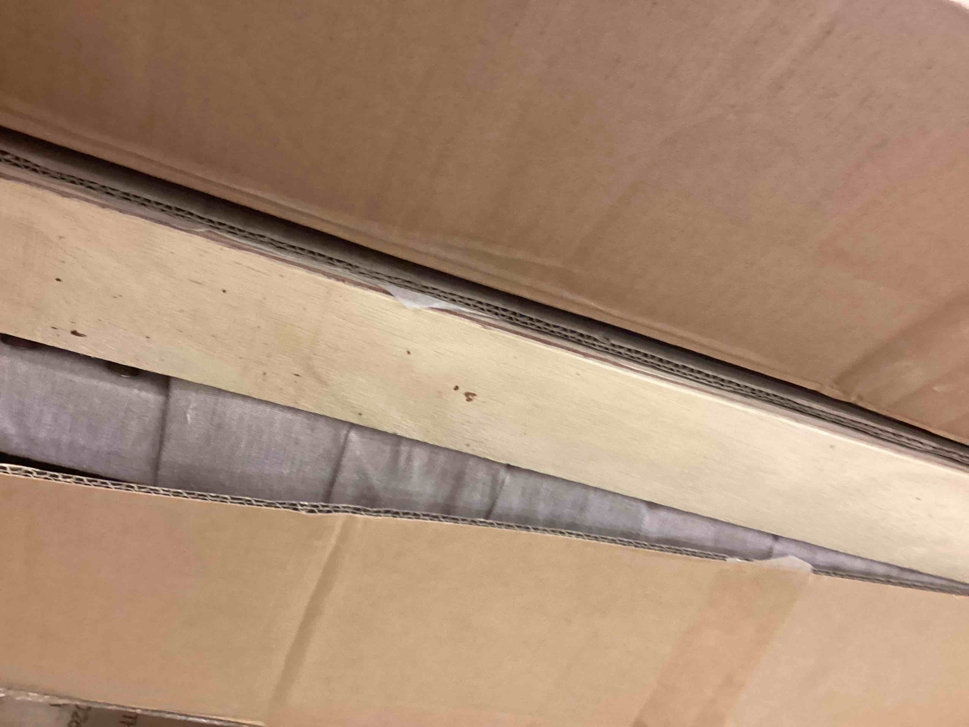 Condition photo showing As Is for queen upholstered platform bed with 2 drawers & twin xl trundle, classic headboard, beige (incomplete box 1 of 2 only) 