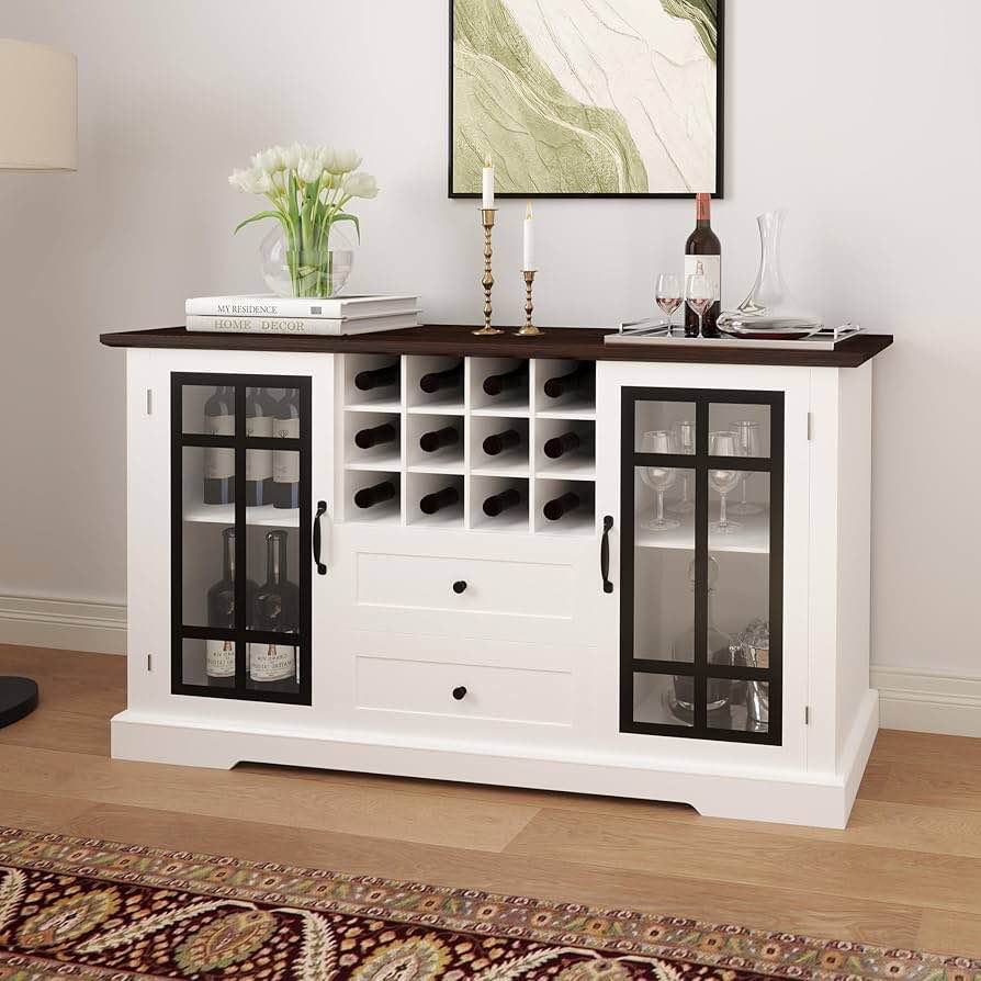 Winlice Farmhouse Wine Cabinet, Modern Glass Doors Coffee Bar Cabinet with Storage, 59" Sideboard Buffet Table with 12 Remove Wine Rack, 2 Drawers for Kitchen, Living, Dining Room