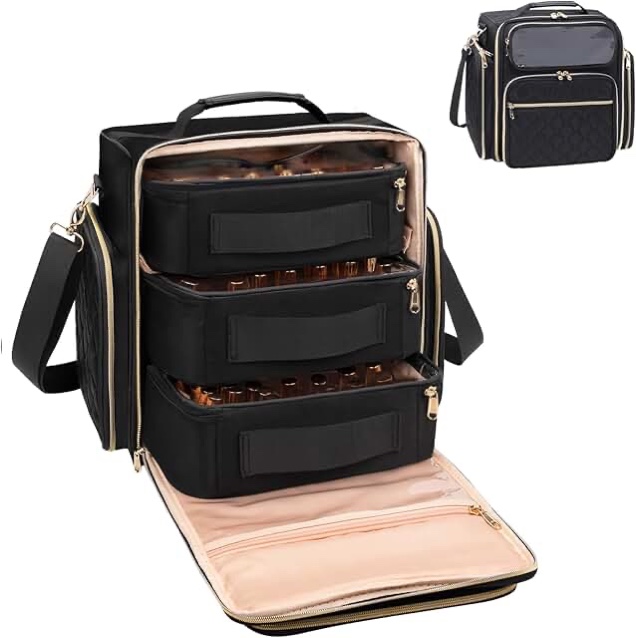 OCHEAL Nail Polish Organizer, Holds Nail Lamp and 75+ Bottles, Nail Polish Holder Case with 3 Individual Pouches Fit Manicure Tools Storage for Manicurist Travel Carrying Bag -Black