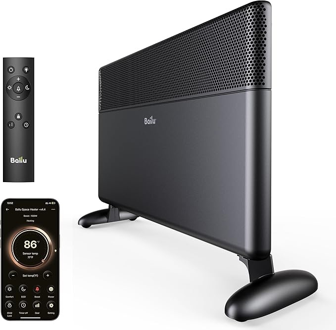 Ballu Convection Panel Space Heater for Large Room,1500W Electric Heater with Programmable Thermostat,WiFi App Control,Standing or Wall Mount,Smart Quiet Heater for Indoor Use,Works with Alexa